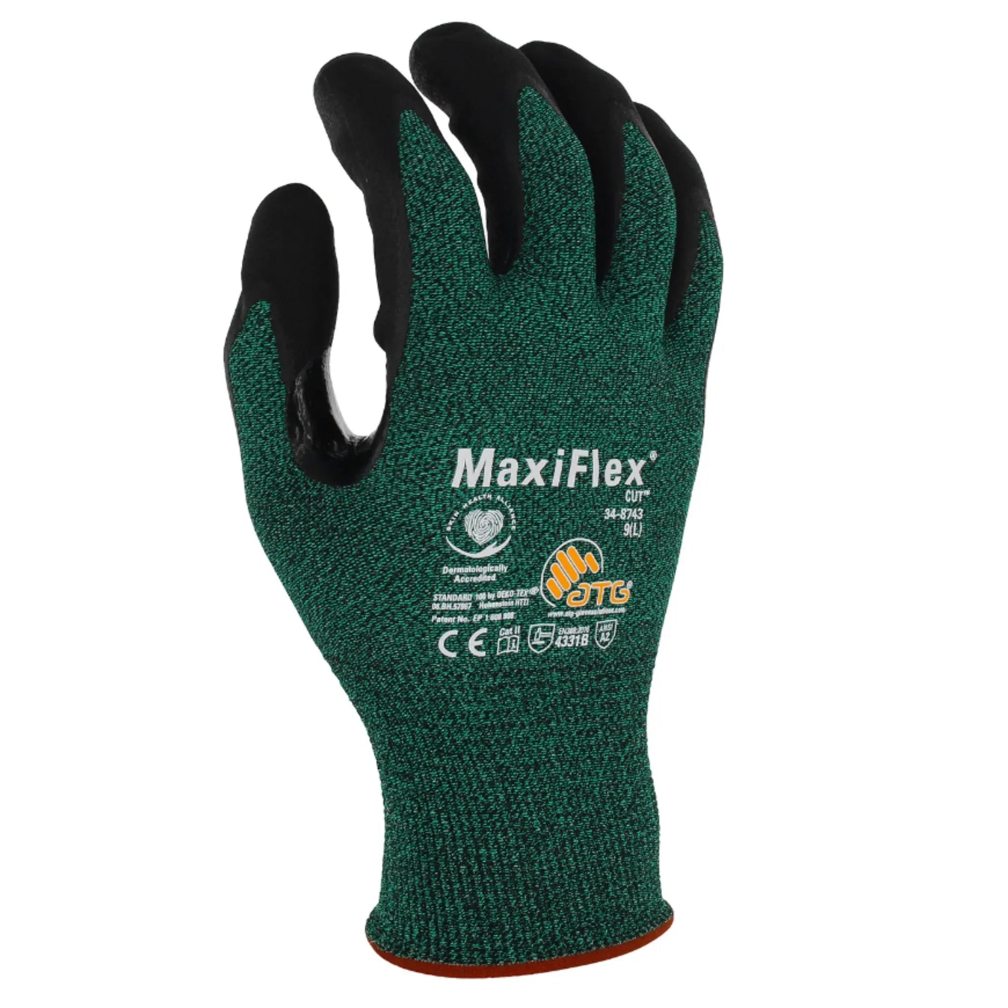 PIP ATG 34-8743 MaxiFlex Cut Seamless Knit Glove with Black MicroFoam Nitrile Coated, Green, Back View