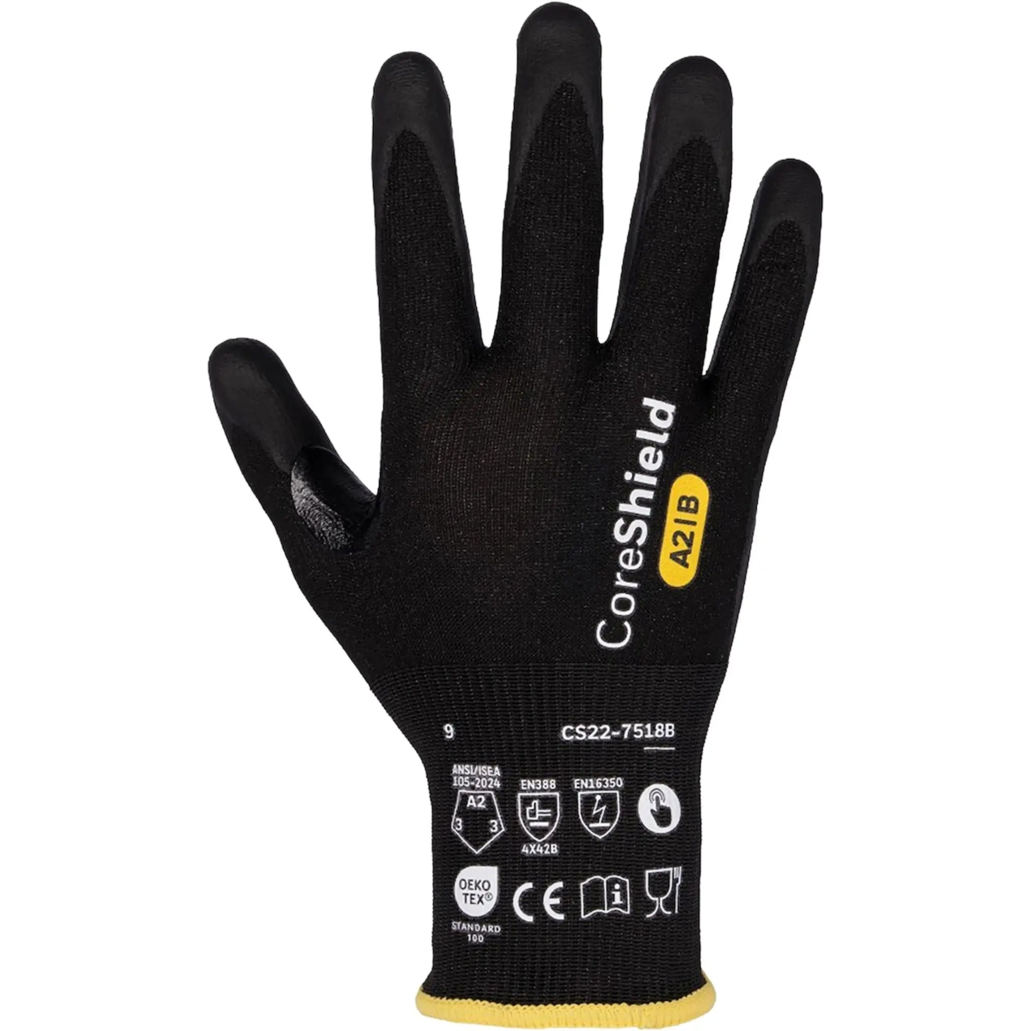 Honeywell 22-7518B/8M CoreShield A2/B Coated Cut Resistant Gloves, HPPE Grey Liner, Nitrile Micro-Foam Black Coating, 18 gauge, Size 8 - Medium, Bag of 10-Main-image