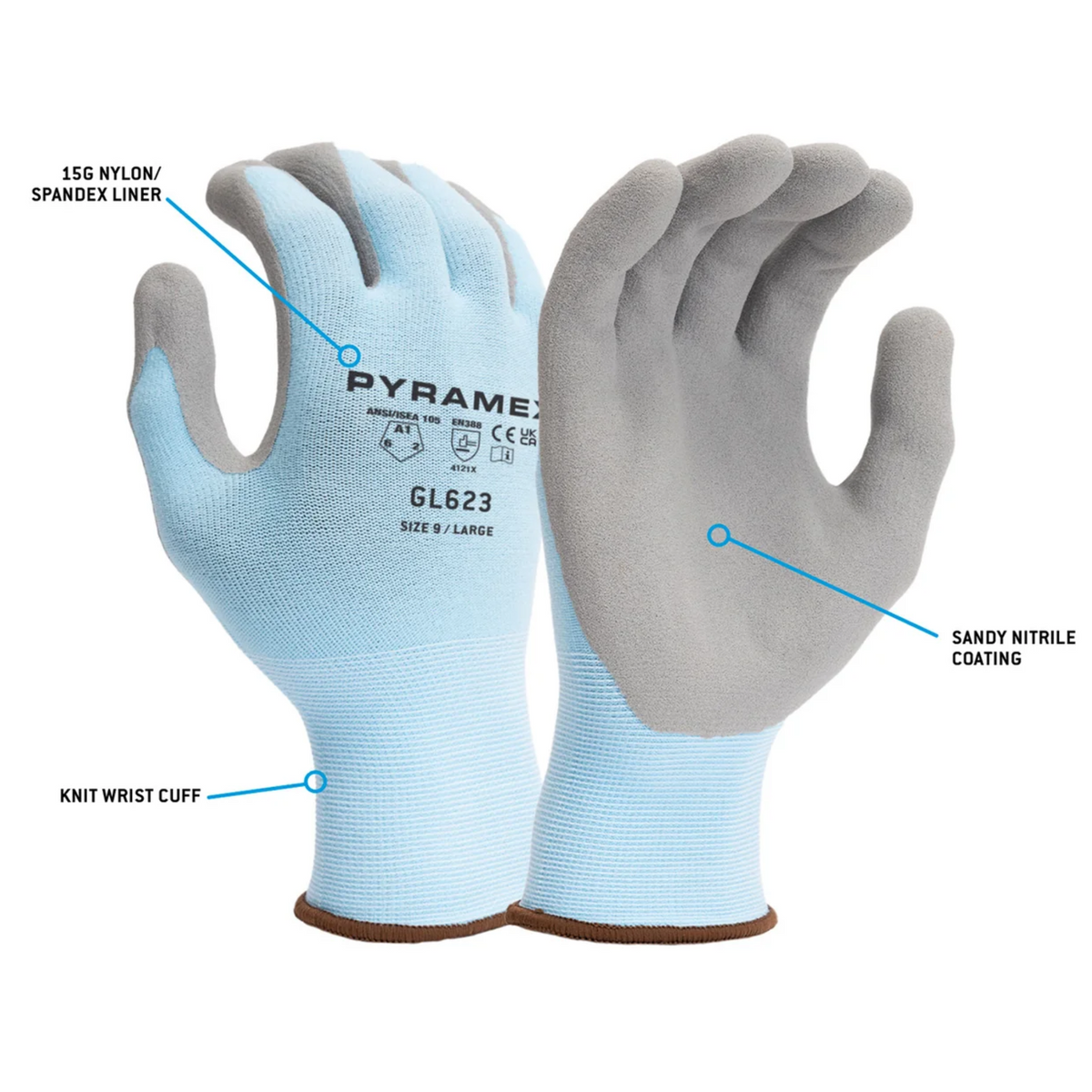 PYRAMEX GL623 Sandy Nitrile Dipped Working Gloves, Details
