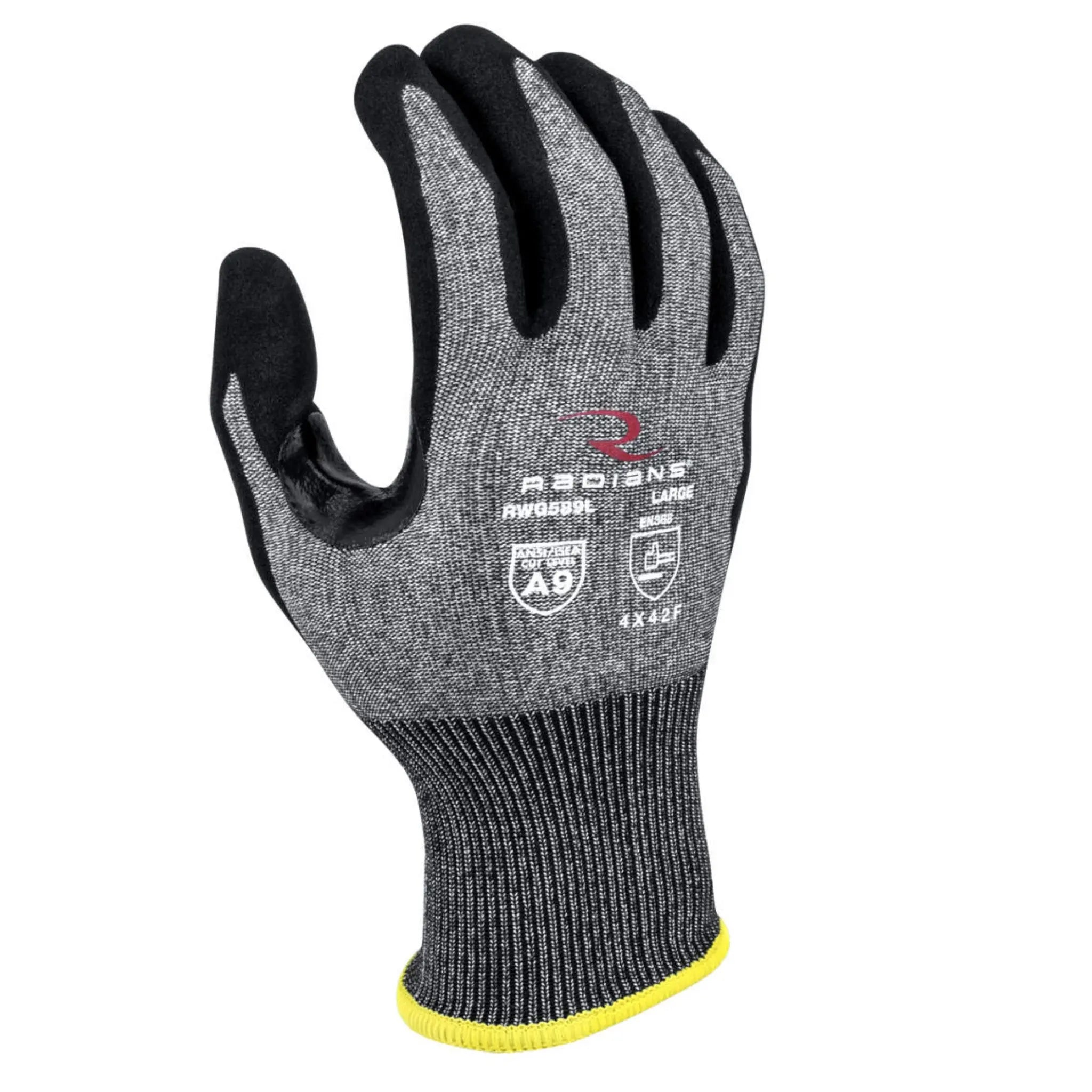 Radians RWG589M Cut Protection Level A9 Sandy Foam Nitrile Coated Glove, Black, Medium, Back View