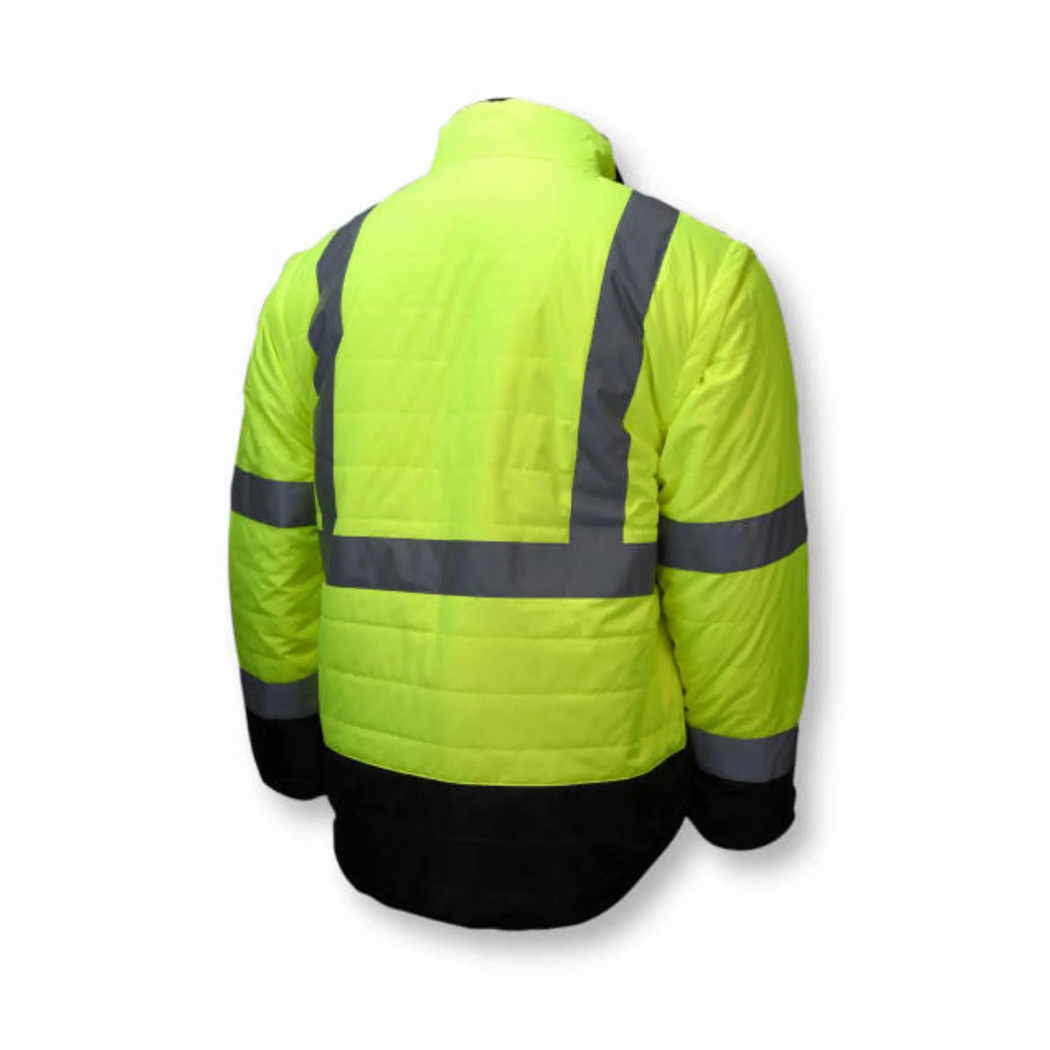 Radians SJ510-3ZGS Quilted Reversible Four-in-One Jacket with Zip-Off Sleeves, Hi Vis Green/Gray, Back View Slanted
