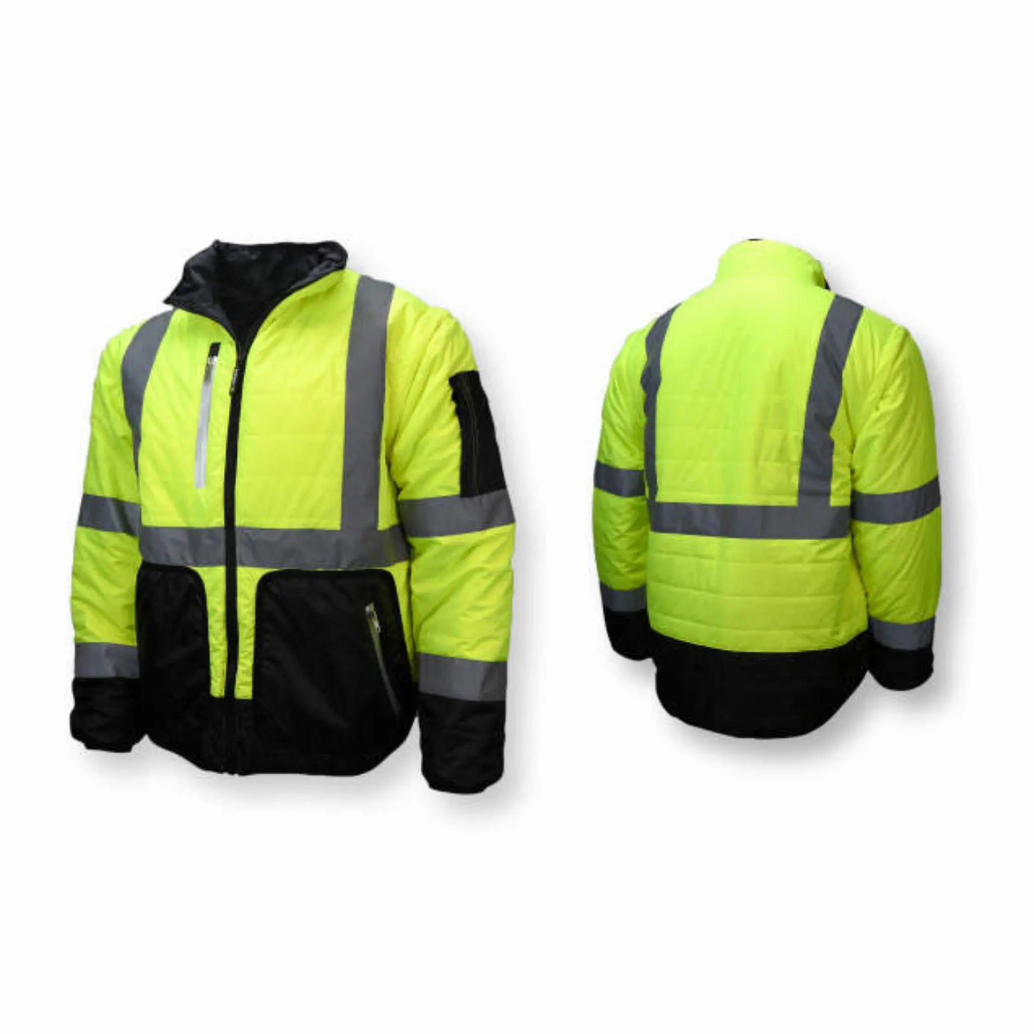 Radians SJ510-3ZGS Quilted Reversible Four-in-One Jacket with Zip-Off Sleeves, Hi Vis Green/Gray, Front and Back