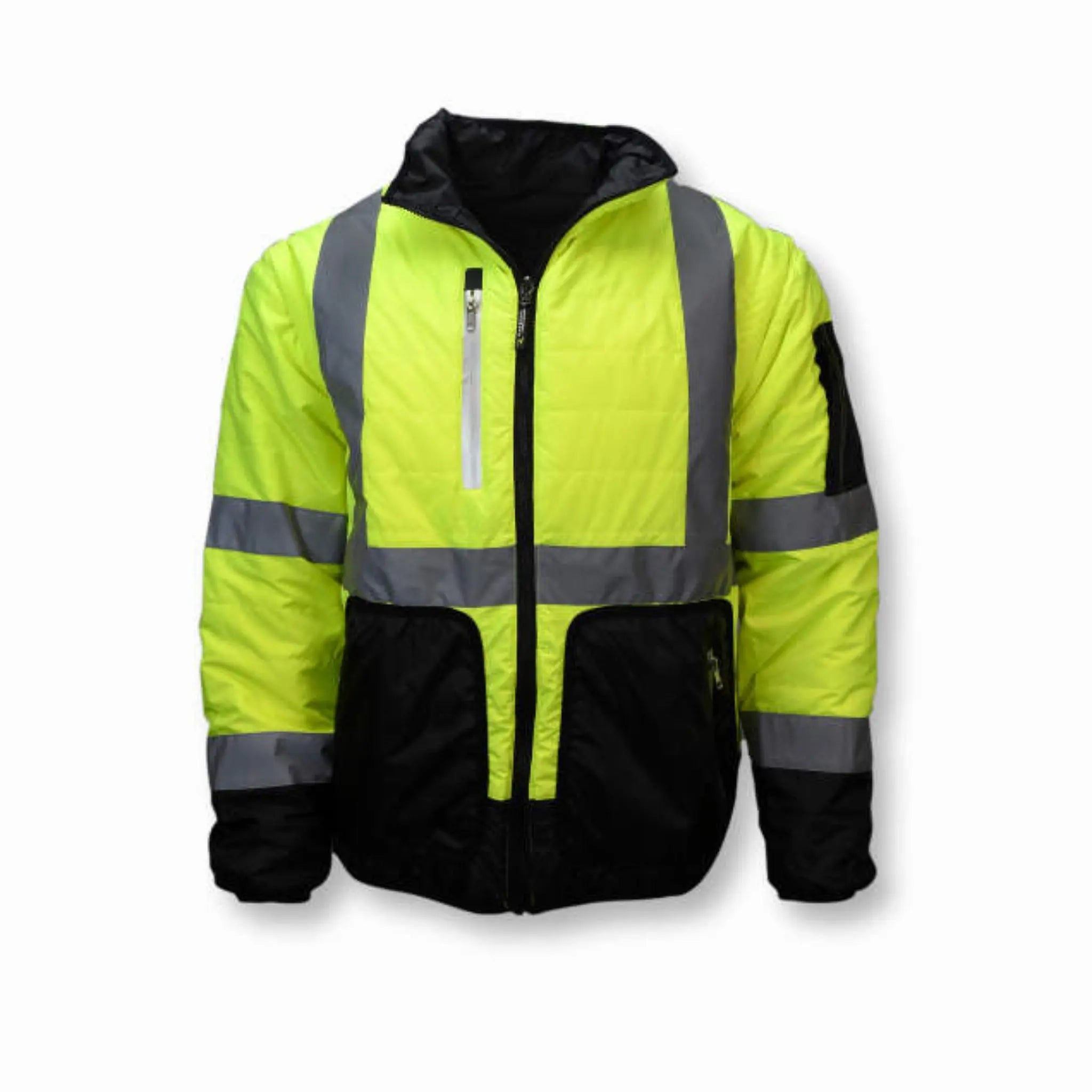 Radians SJ510-3ZGS Quilted Reversible Four-in-One Jacket with Zip-Off Sleeves, Hi Vis Green/Gray, Front View