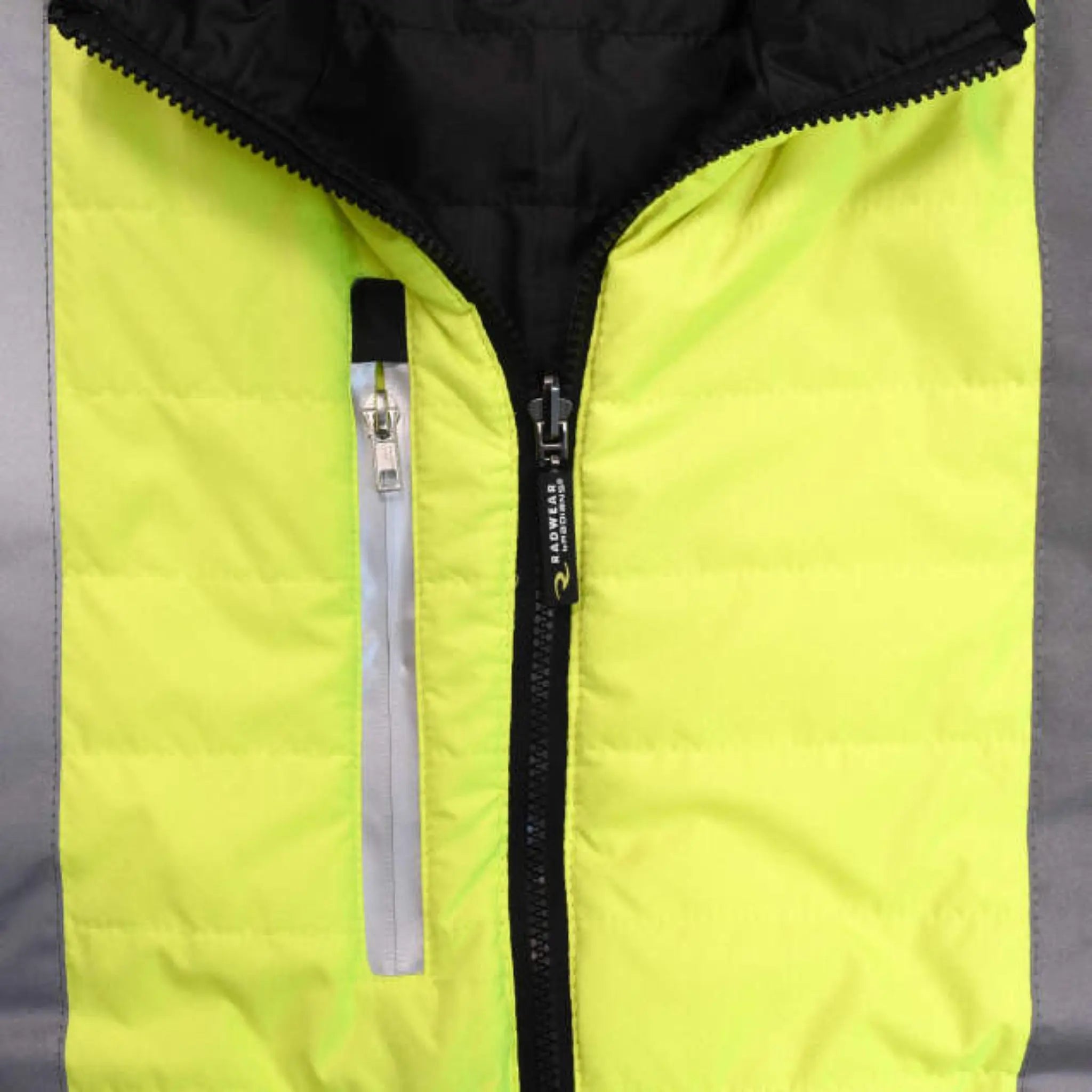 Radians SJ510-3ZGS Quilted Reversible Four-in-One Jacket with Zip-Off Sleeves, Hi Vis Green/Gray, Front Zipper