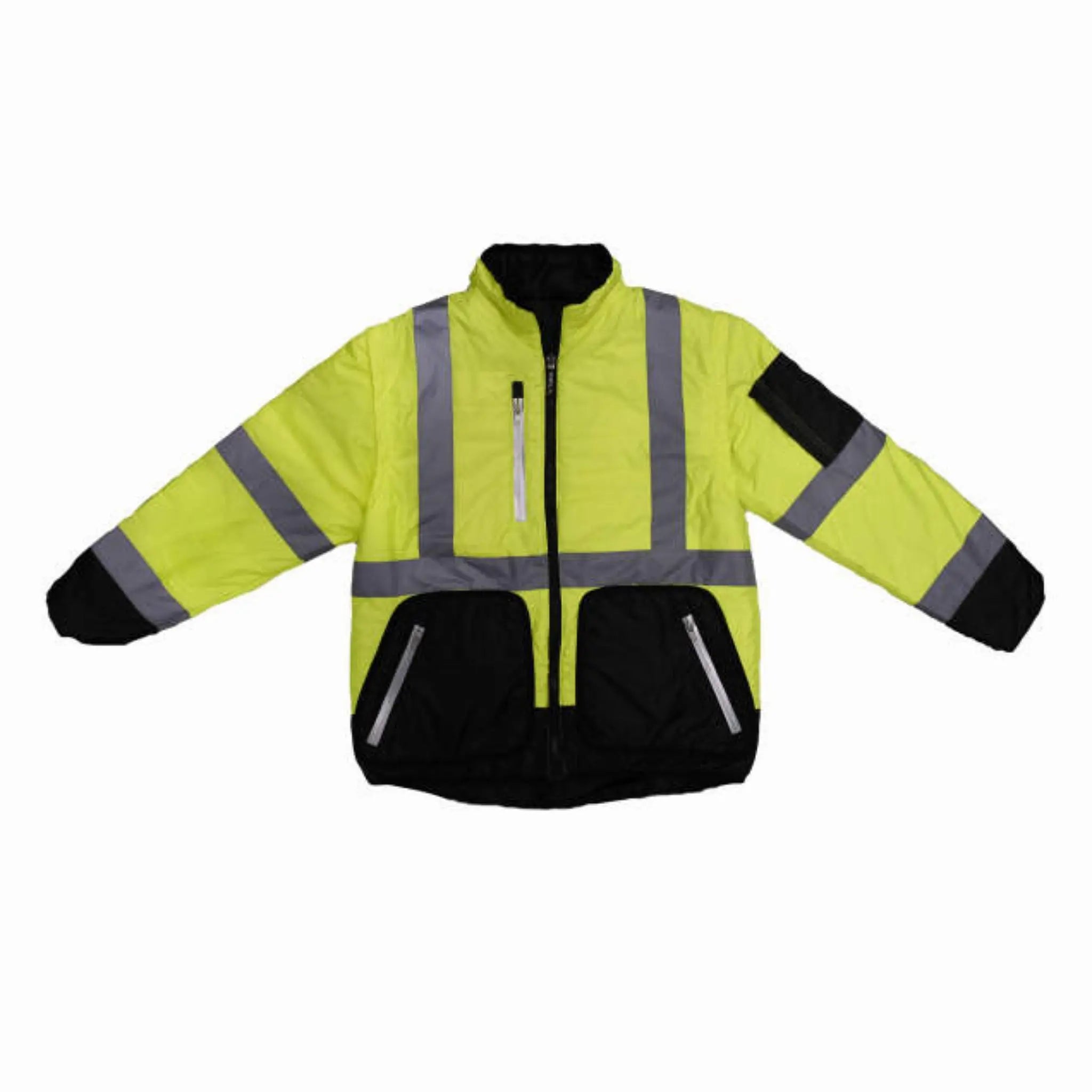 Radians SJ510-3ZGS Quilted Reversible Four-in-One Jacket with Zip-Off Sleeves, Hi Vis Green/Gray, Full Image, Front