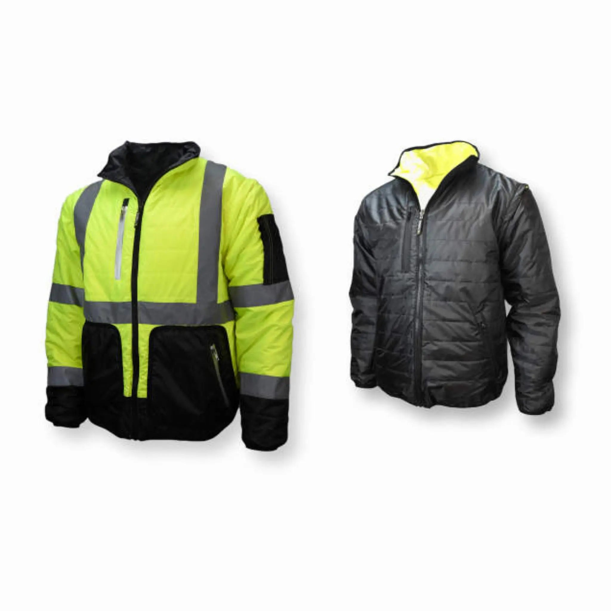 Radians SJ510-3ZGS Quilted Reversible Four-in-One Jacket with Zip-Off Sleeves, Hi Vis Green/Gray, Inside Out