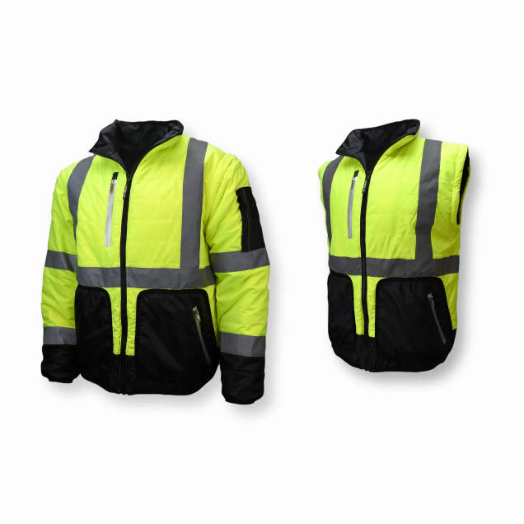 Radians SJ510-3ZGS Quilted Reversible Four-in-One Jacket with Zip-Off Sleeves, Hi Vis Green/Gray, Without Sleeve