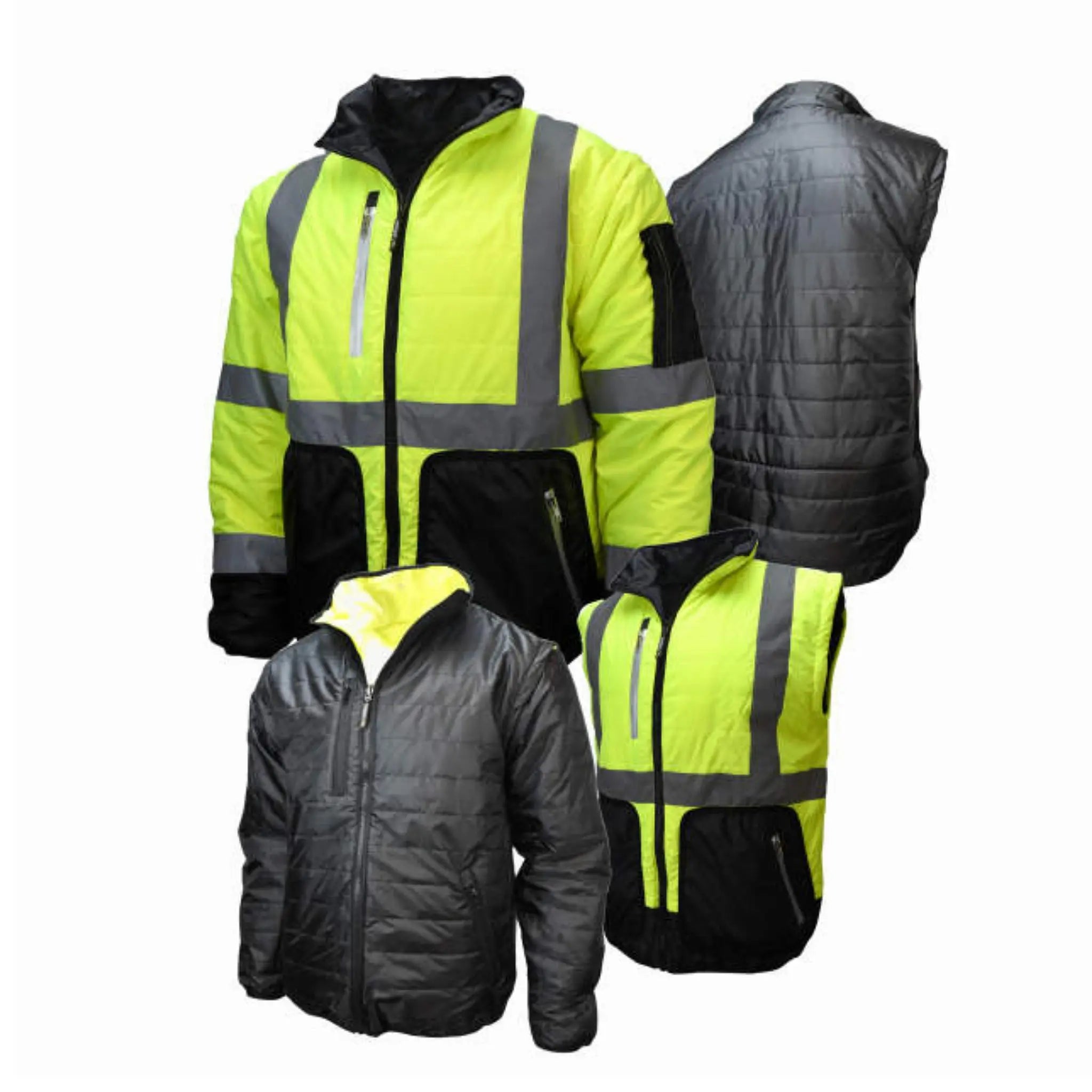 Radians SJ510-3ZGS Quilted Reversible Four-in-One Jacket with Zip-Off Sleeves, Hi Vis Green/Gray, Inside Out, With and Without Sleeves