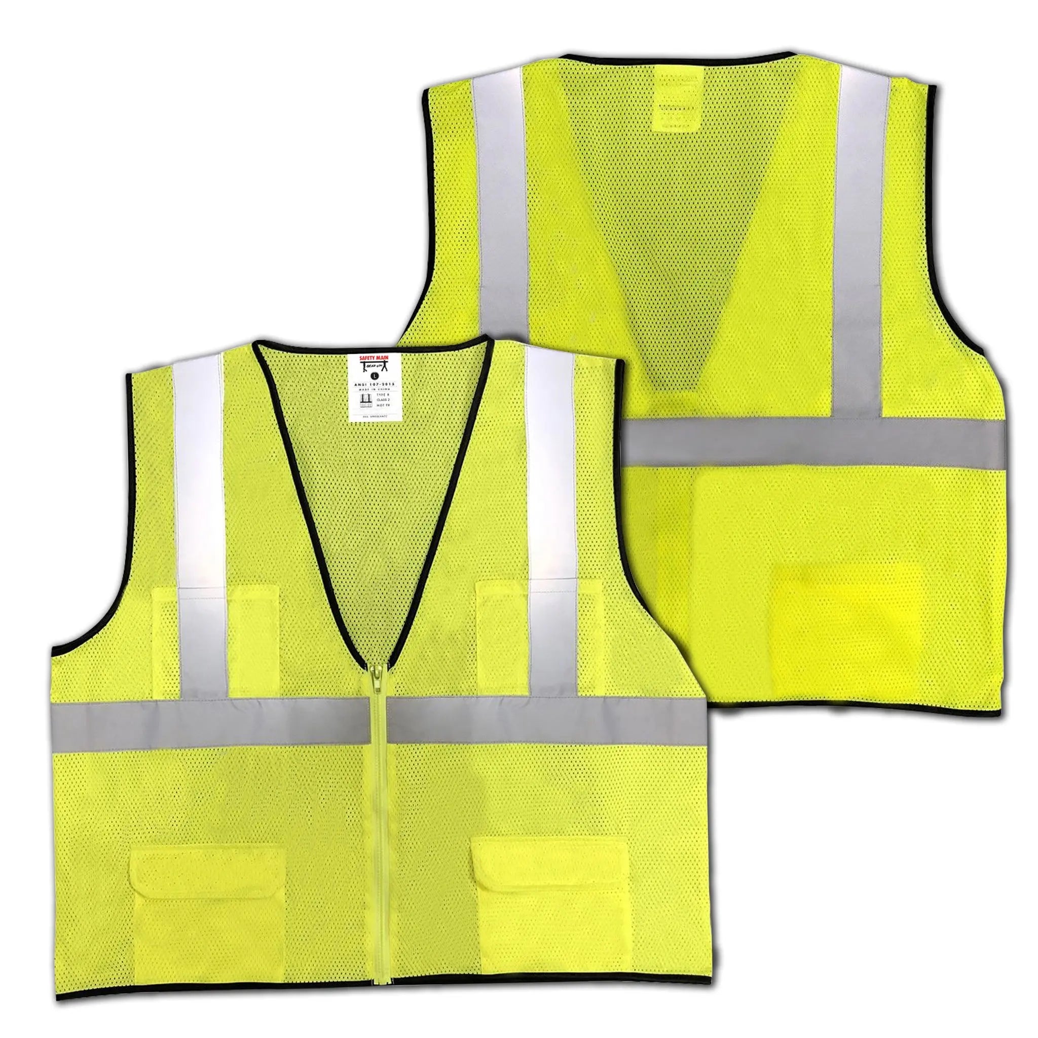 Safety Main 05EAMYZ Economy Vest, Class 2, All Mesh, Hi-Vis Yellow, Front and Back View