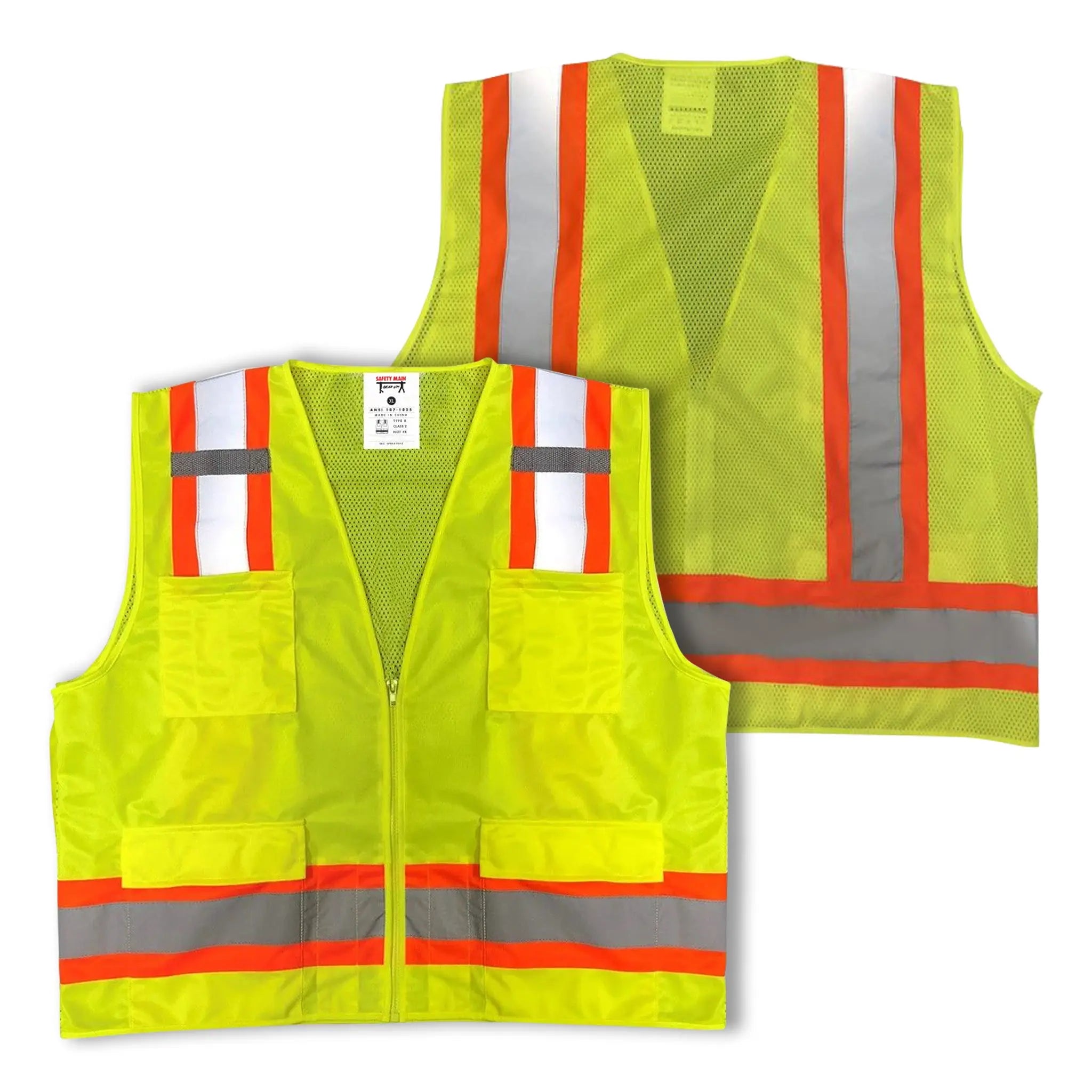 Safety Main 05TTSYZ Surveyor Vest, Class 2, Solid Front, Mesh Back, Hi-Vis Yellow, Front and Back