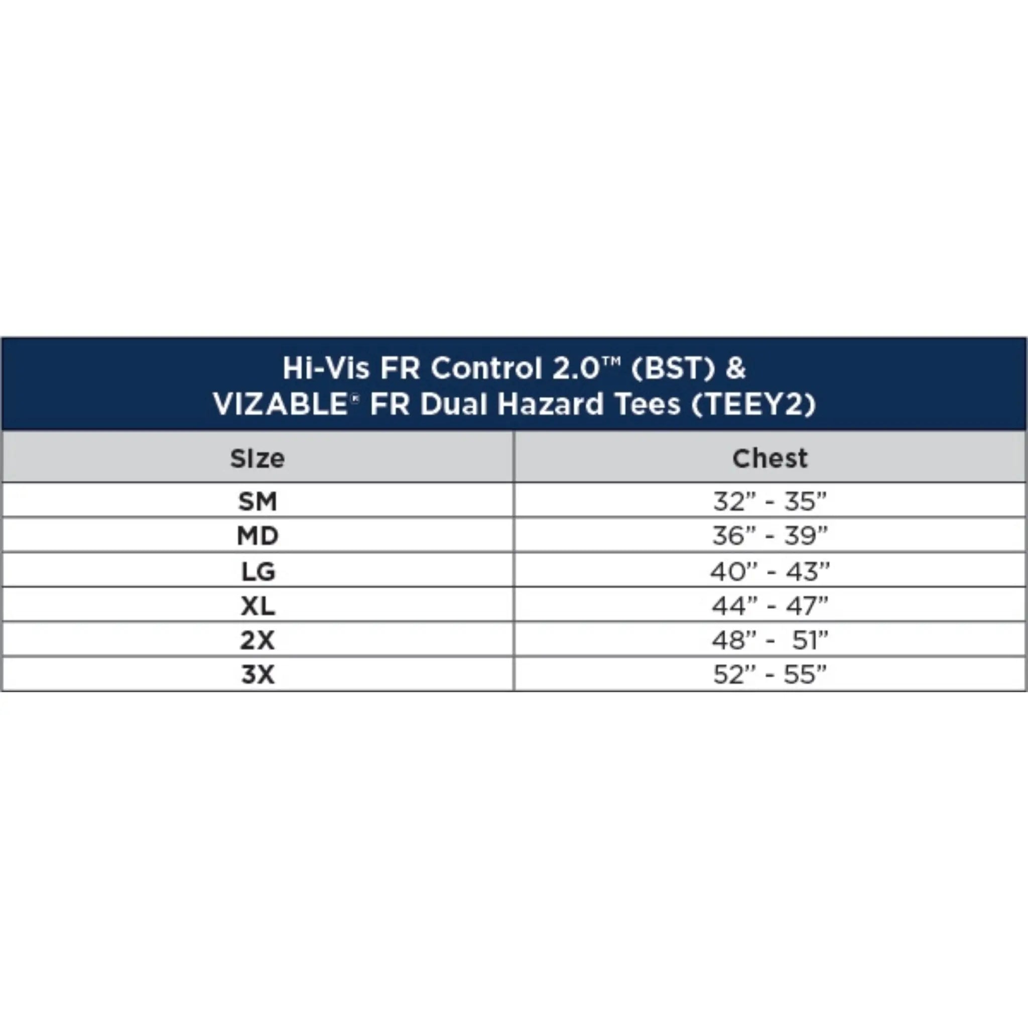 National Safety Apparel DRIFIRE BSTJTRC3 FR Control Hi-Vis Short Sleeve T-Shirt Class 3-Sizing-Chart