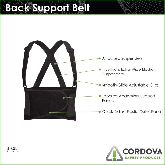 Cordova SB Tapered Back Support Belt with Attached Suspenders, Black, 1 Each