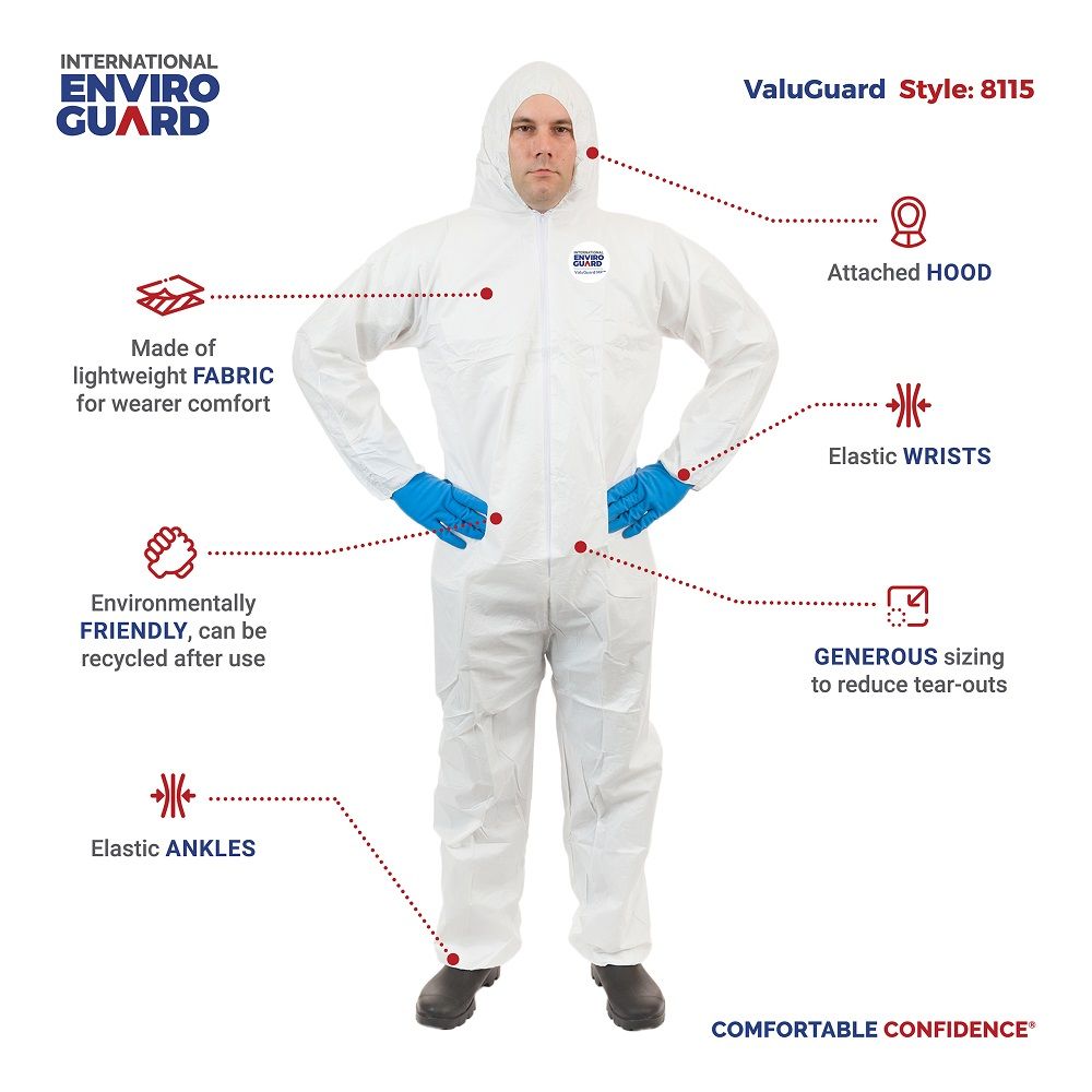 International Enviroguard ValuGuard MP 8115 Lightweight Microporous Coverall with Attached Hood, Elastic Wrist and Ankle, White, Case of 25