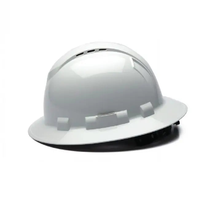 Pyramex Ridgeline HP54110V 4 Point Vented Ratchet Full Brim Hard Hat, White, One Size, Box of 12