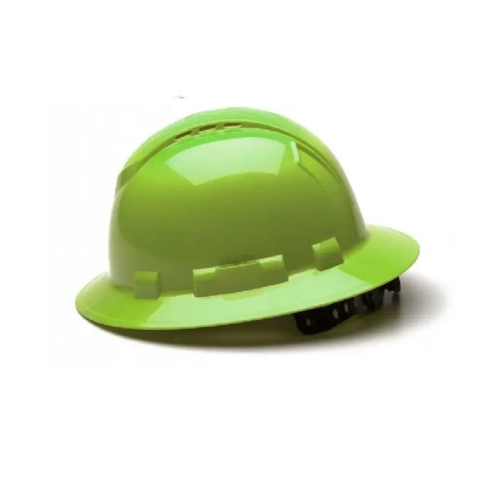 Pyramex Ridgeline HP54131V 4 Point Vented Ratchet Full Brim Hard Hat, Hi Vis Lime, One Size, Box of 12