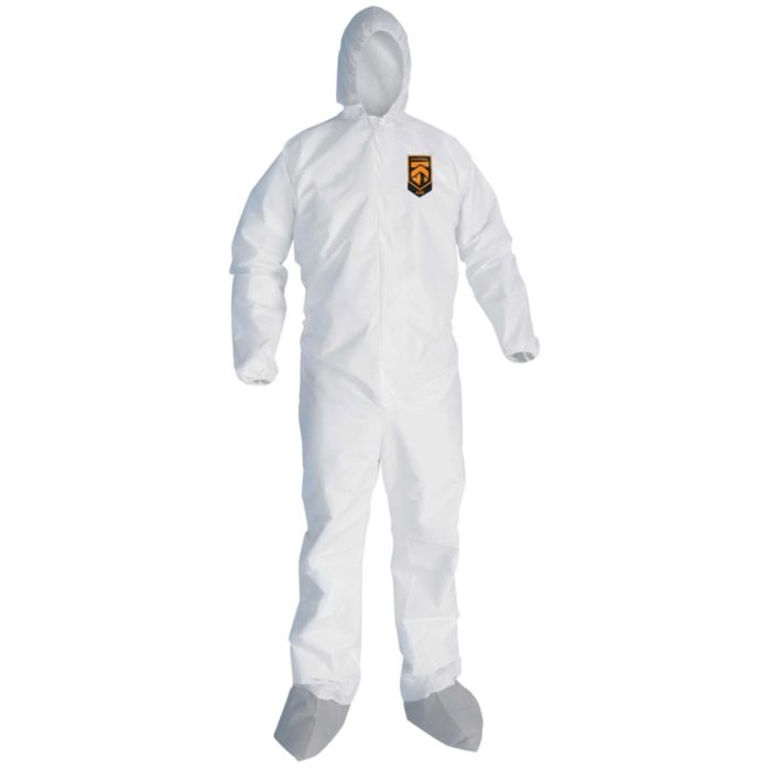 Kimberly-Clark KleenGuard 46123 A30 Coverall with Zipper Front 1 Inch Flap Elastic Back Wrists Ankles Hood and Skid-Resistant Boots White Large Case of 25