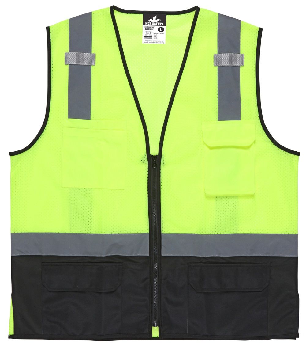 MCR Safety Luminator CL2MLSZ Zipper Front and Black Trim, Mesh Fabric Reflective Vest, Hi-Vis Lime, 1 Each