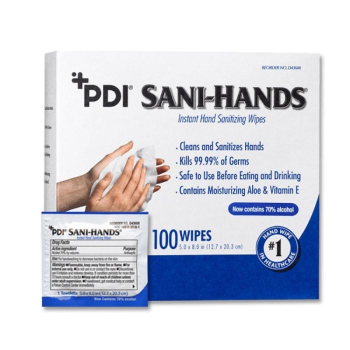 PDI D43600 Sani-Hands Instant Hand Sanitizing Wipes, Individually Packaged, White, Box of 100
