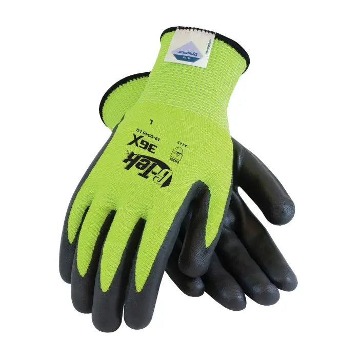PIP G-Tek 3GX 19-D470-XL Seamless Knit Dyneema Diamond Spandex Glove with Nitrile Coating, Hi Vis Yellow, 2X-Large, Pair of 12, Back and Palm View