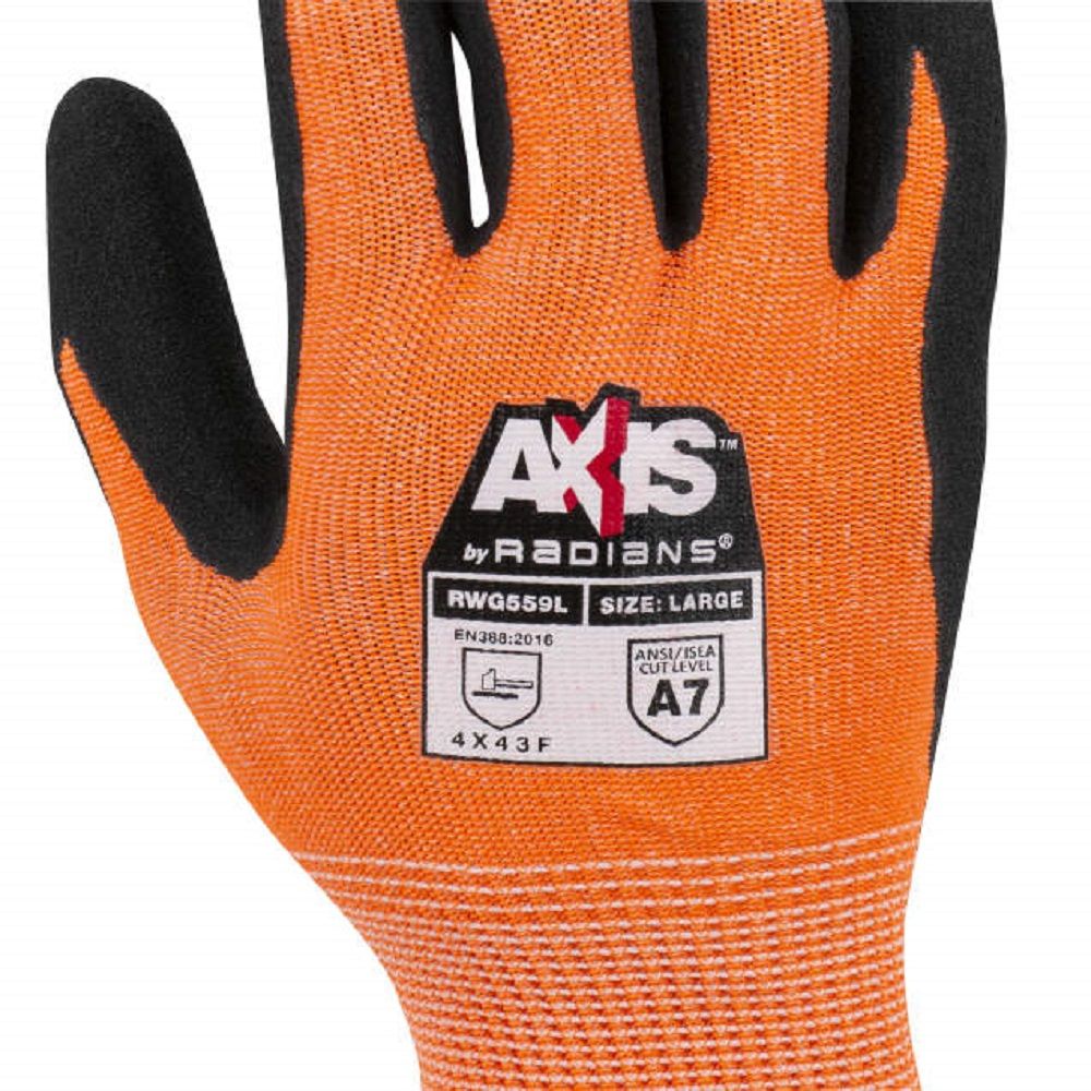 Radians RWG559 AXIS Cut Protection Level A7 Sandy Nitrile Coated Glove, Box of 12 Pairs