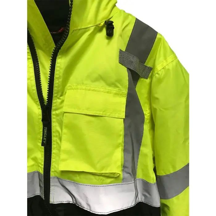 Tingley J26172 Bomber 3.1 Jacket Fluorescent Yellow-Green-Black Silver Reflective Tape Polyester Quilted Liner Attached Hood