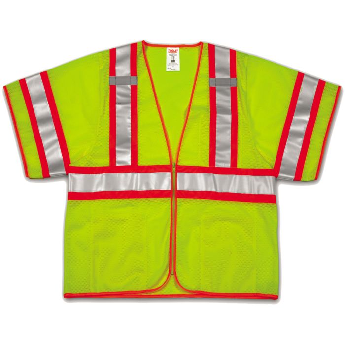 Class 3 Vest Fluorescent Yellow-Green Polyester Mesh Zipper Closure 2 Mic Tabs 4 Interior Pockets Two-Tone Silver Reflective Tape