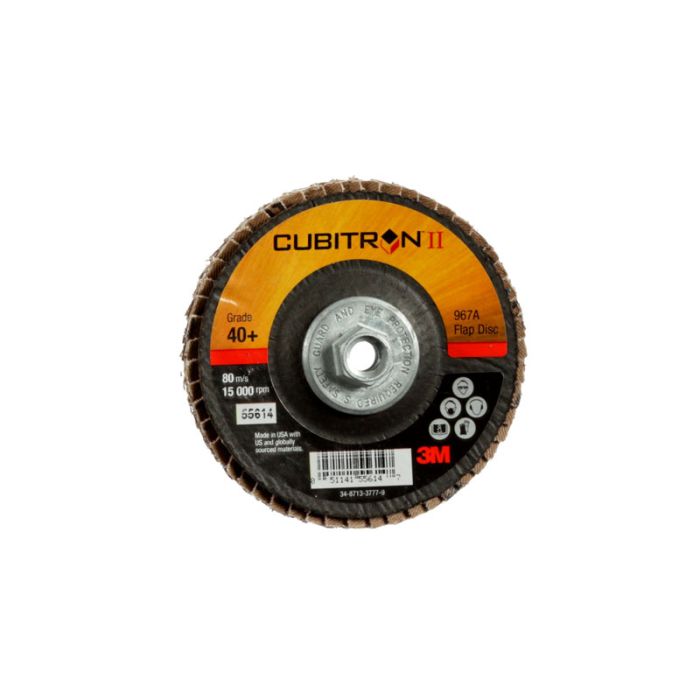 3M™ Cubitron™ II Flap Disc 967A, T29 Quick Change, 4 in x 3/8-24, 40+, 10 per case