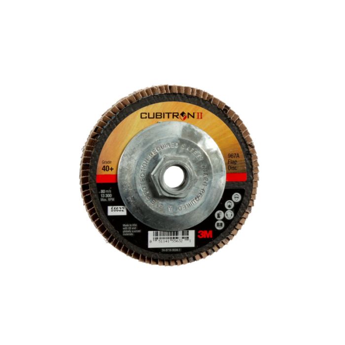 3M™ Cubitron™ II Flap Disc 967A, T27 Quick Change, 4-1/2 in x 5/8-11, 40+, Giant, 10 per case