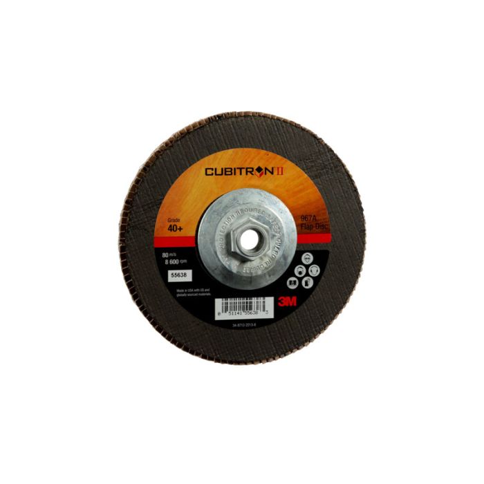 3M™ Cubitron™ II Flap Disc 967A, T27 Quick Change, 7 in x 5/8-11, 40+, Giant, 5 per case