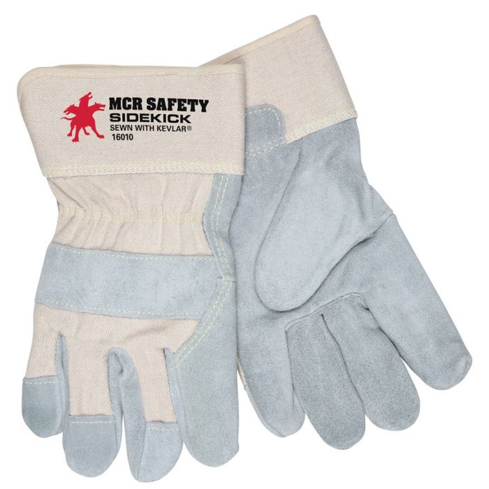 MCR Safety Sidekick 16010 Series Leather Palm Work Gloves, Gray, 1 Pair