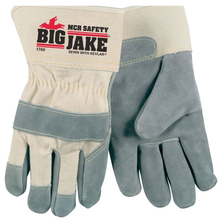 MCR Safety Big Jake 1700 Premium Leather Palm Work Gloves, Gray, Box of 12 Pairs