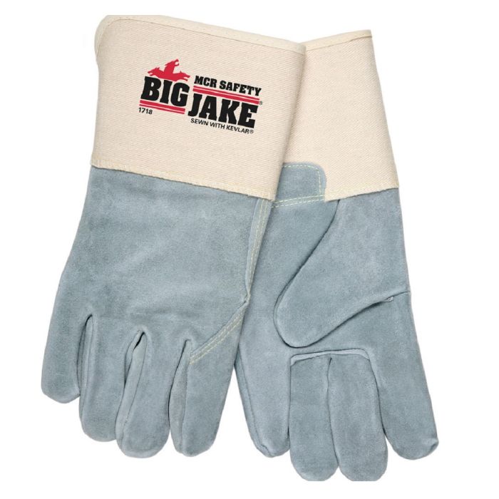 MCR Safety MCR Big Jake 1718-XL Premium A+ Side Leather Work Gloves, 4.5 Inch Gauntlet Cuff and Full Leather Back, Sewn with DuPont Kevlar, Gray, X-Large, Box of 12 Pairs