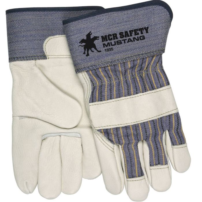 MCR Safety Mustang Gloves 1935 Premium Grain Work Palm Leather, 2.5 Rubberized Safety Cuff, Beige, Box of 12 Pairs