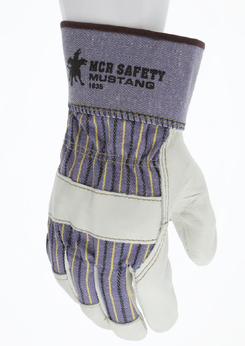 MCR Safety Mustang Gloves 1935 Premium Grain Work Palm Leather, 2.5 Rubberized Safety Cuff, Beige, Box of 12 Pairs
