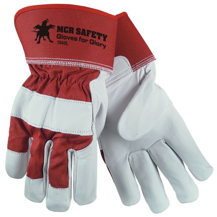 MCR Safety Gloves For Glory 1940 Grain Goatskin Work Palm Leather, 2.5 Inch Safety Cuff, White, Box of 12 Pairs