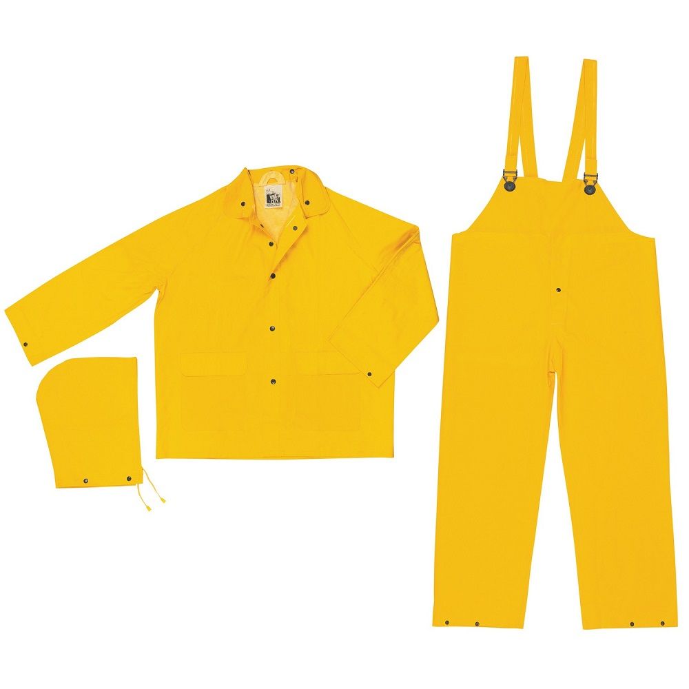 MCR Safety 2303 Classic Rain Gear, 3 Piece Waterproof Rain Suit, Detachable Hood and Bib Pants, Yellow, 1 Each