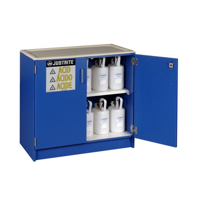 Wood laminate corrosives Undercounter safety cabinet holds thirty six 2 1/2 L bottles 2 doors Blue