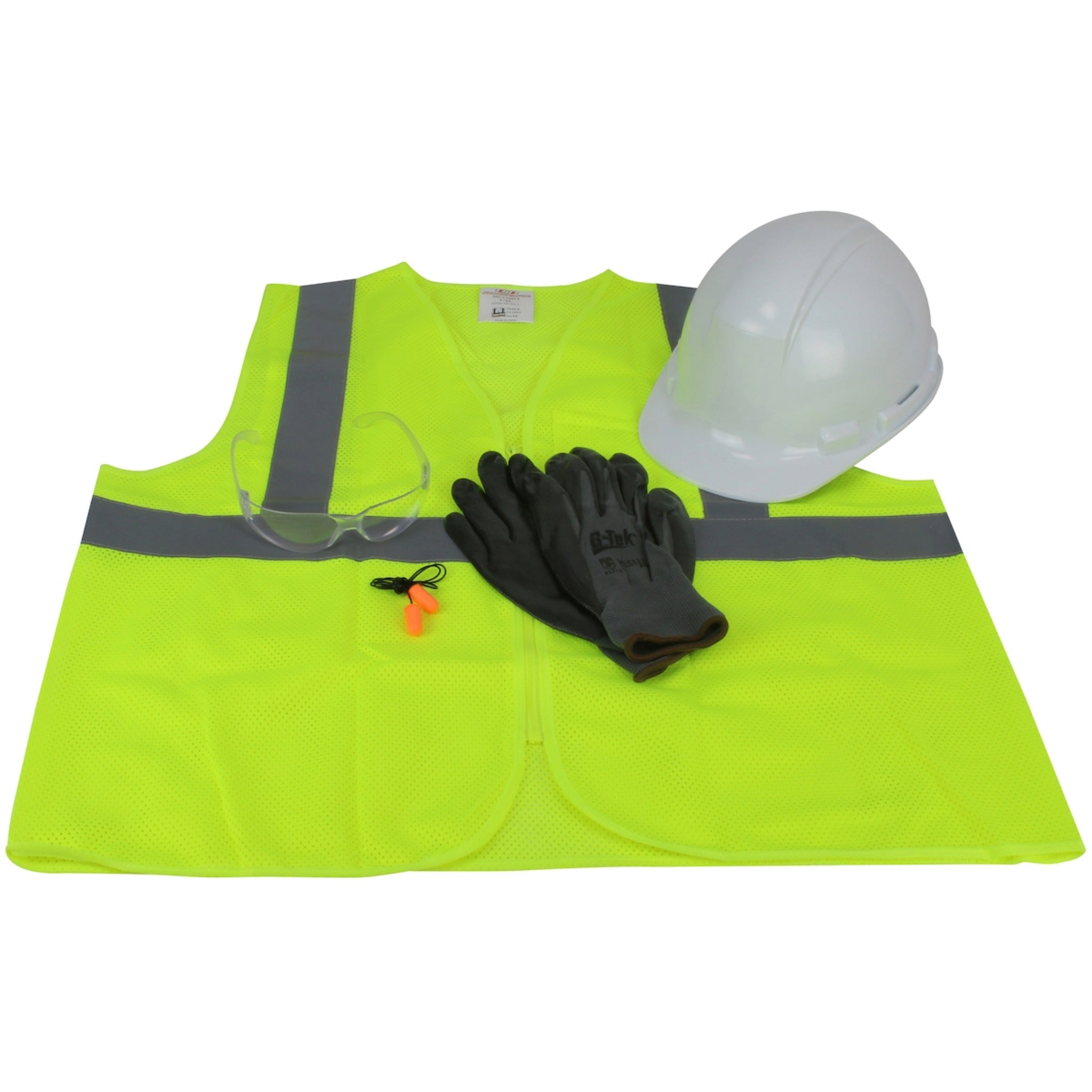 PIP Whistler 289-GTW-HP241 Pre-Packed PPE Kit, HP241 Hat, Safety Eyewear, Earplugs, Gloves and Vest_Layed_Out