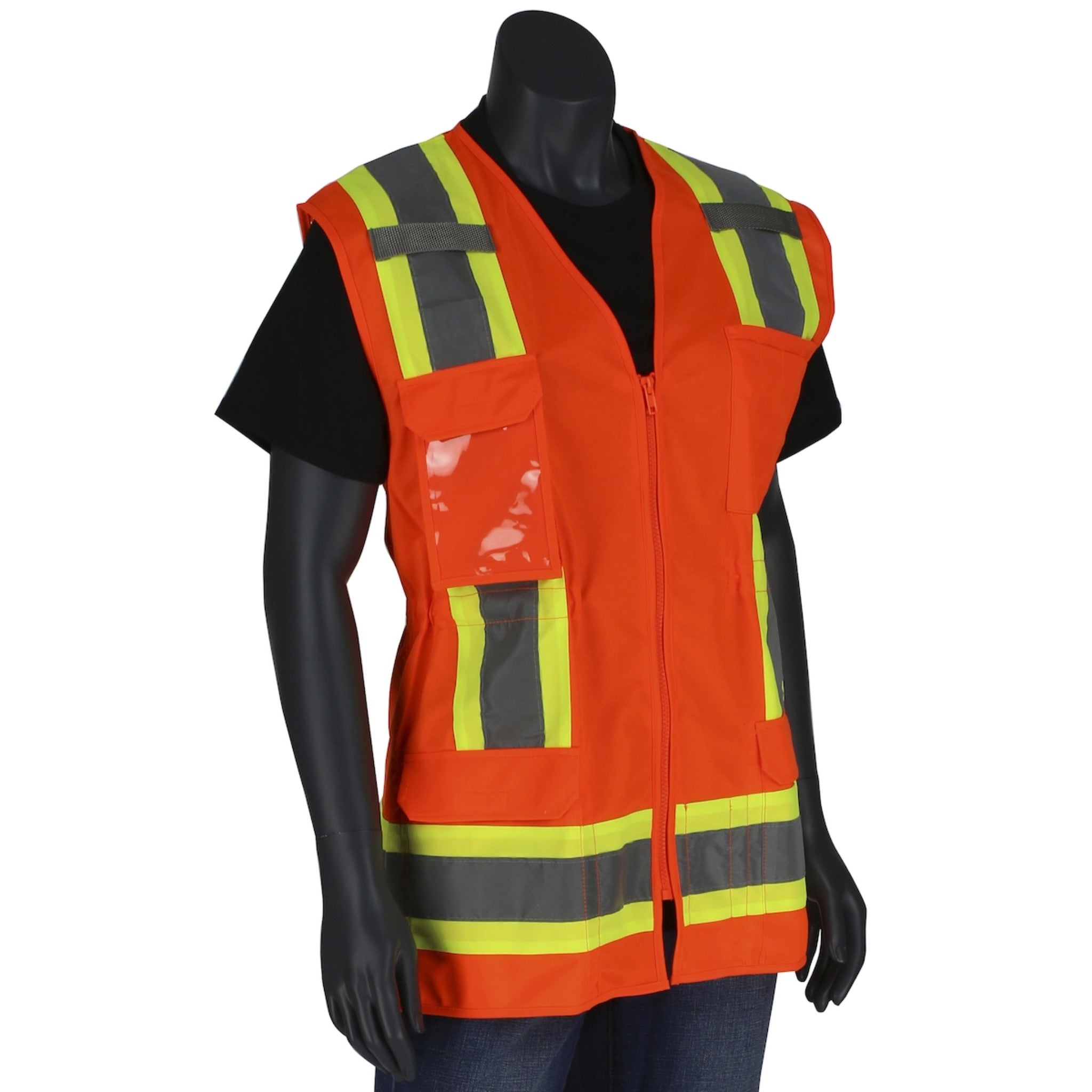 PIP 302-0512 ANSI Type R Class 2 Womens Contoured Two-Tone Eleven Pocket Surveyors Vest_Orange_Main