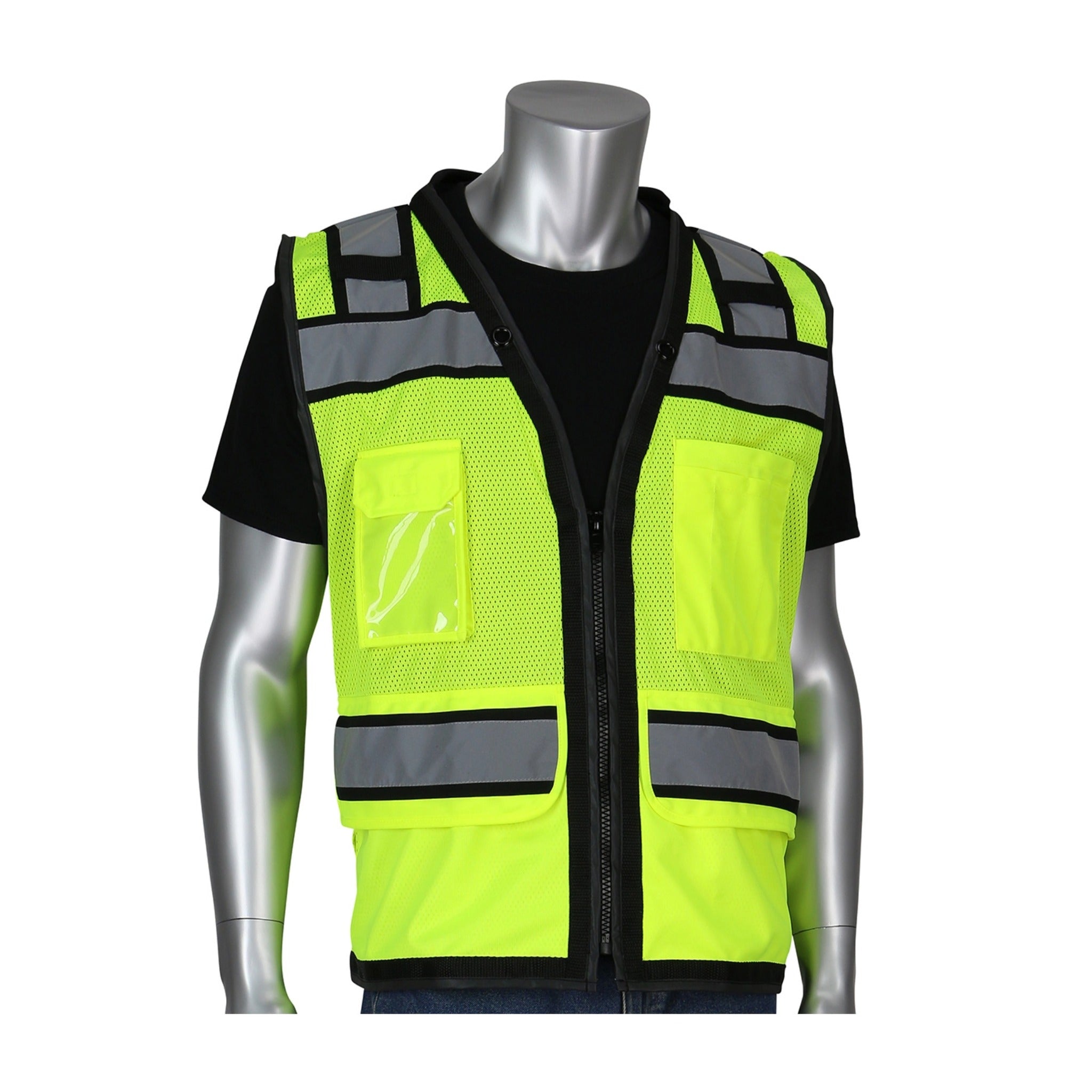 PIP 302-0800D-LY ANSI Type R Class 2 Black Two-Tone Eleven Pocket Tech-Ready Mesh Surveyors Vest with D-Ring Access_Main_Image