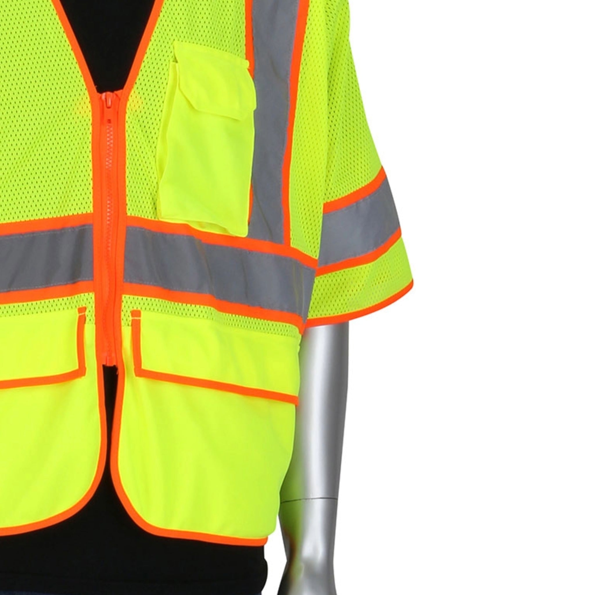 PIP 305-SVZSE-LY ANSI Type R Class 3 Self Extinguishing Two-Tone Mesh Surveyors Vest_Bottome_Left