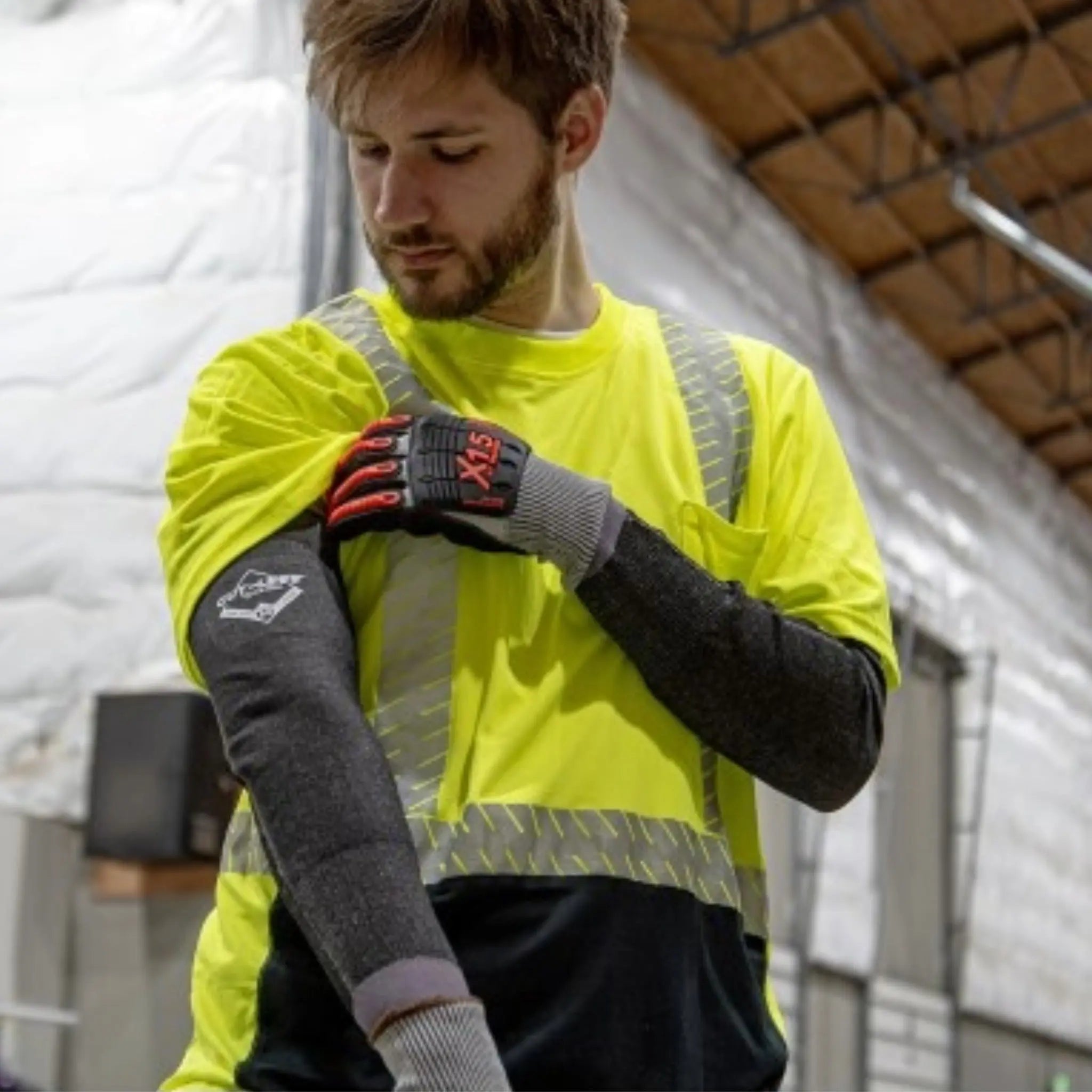 MAJESTIC GLOVE 3142-18 Hi-Vis Cut-Less Korplex Cut Resistant Sleeves w/ Thumb Hole-Model