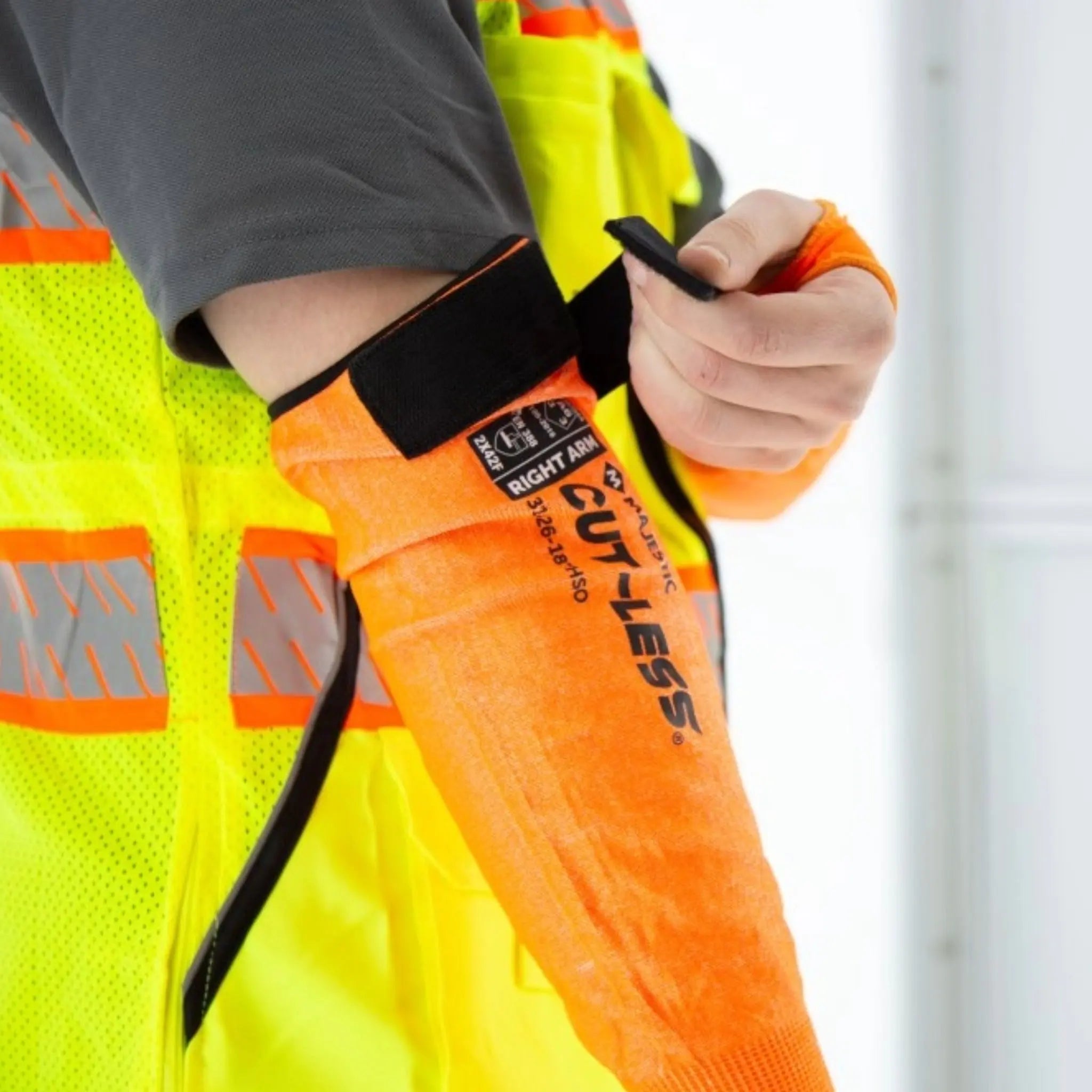 MAJESTIC GLOVE 31426-18THSO Cut-less Korplex Cut Resistant Sleeve with Hook & Loop Closure, ANSI A6, Hiviz Orange, 18 Inches, 1 Pair 