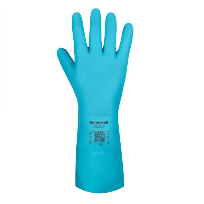 Honeywell Flextril 101 32-3015E/8M Flocked Nitrile Chemical Gloves, Angel Blue, Medium, Pack of 12 Pairs