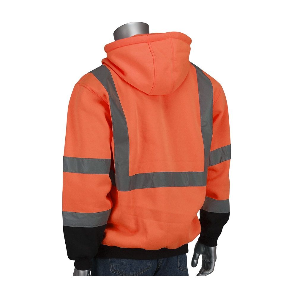 PIP 323-1370B-OR ANSI Type R Class 3 Full Zip Hooded Sweatshirt with Black Bottom, Hi Vis Orange, 1 Each