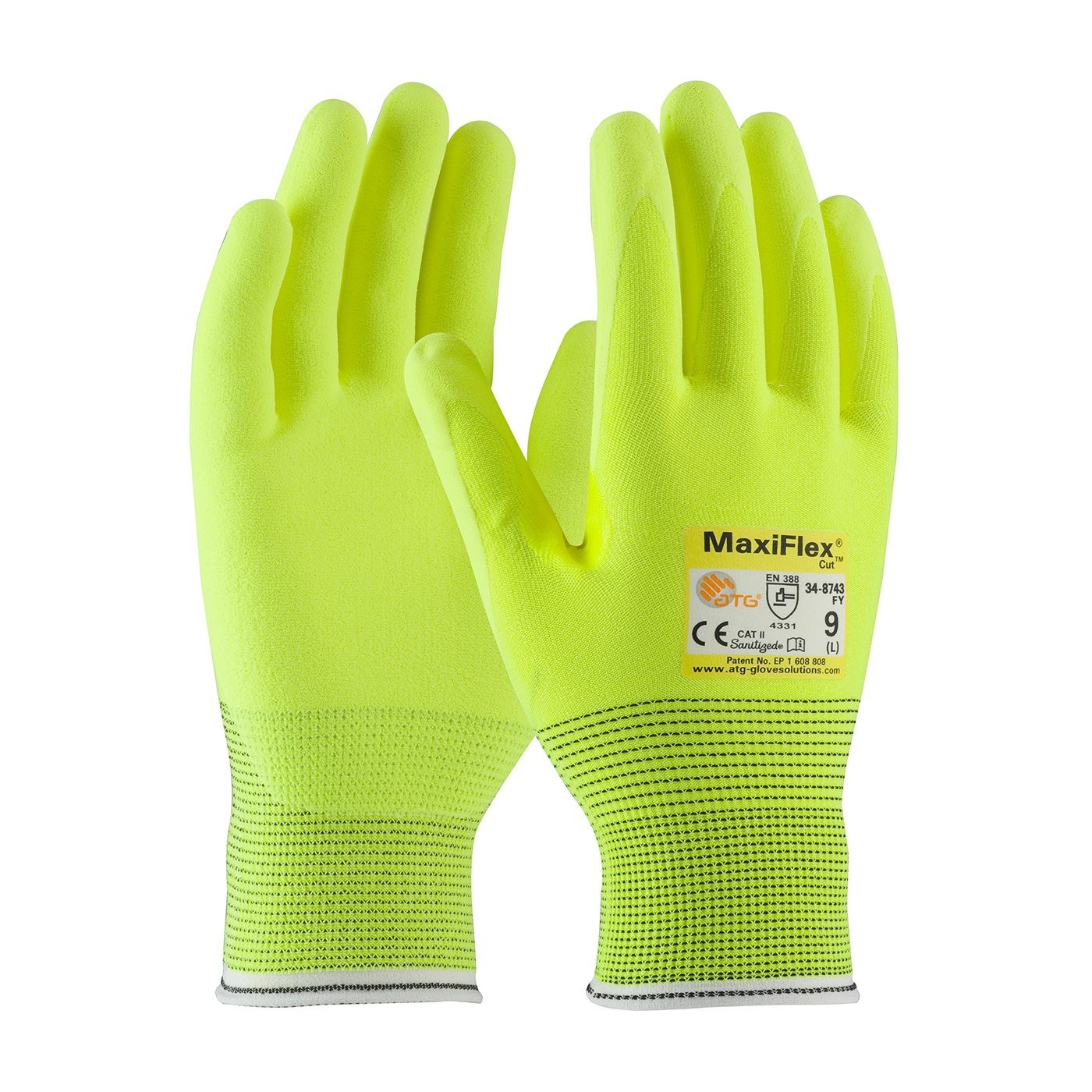 PIP ATG 34-8743FY MaxiFlex Cut Hi-Vis Seamless Knit Glove with Nitrile Coated MicroFoam Grip, Hi Vis Yellow, Box of 12