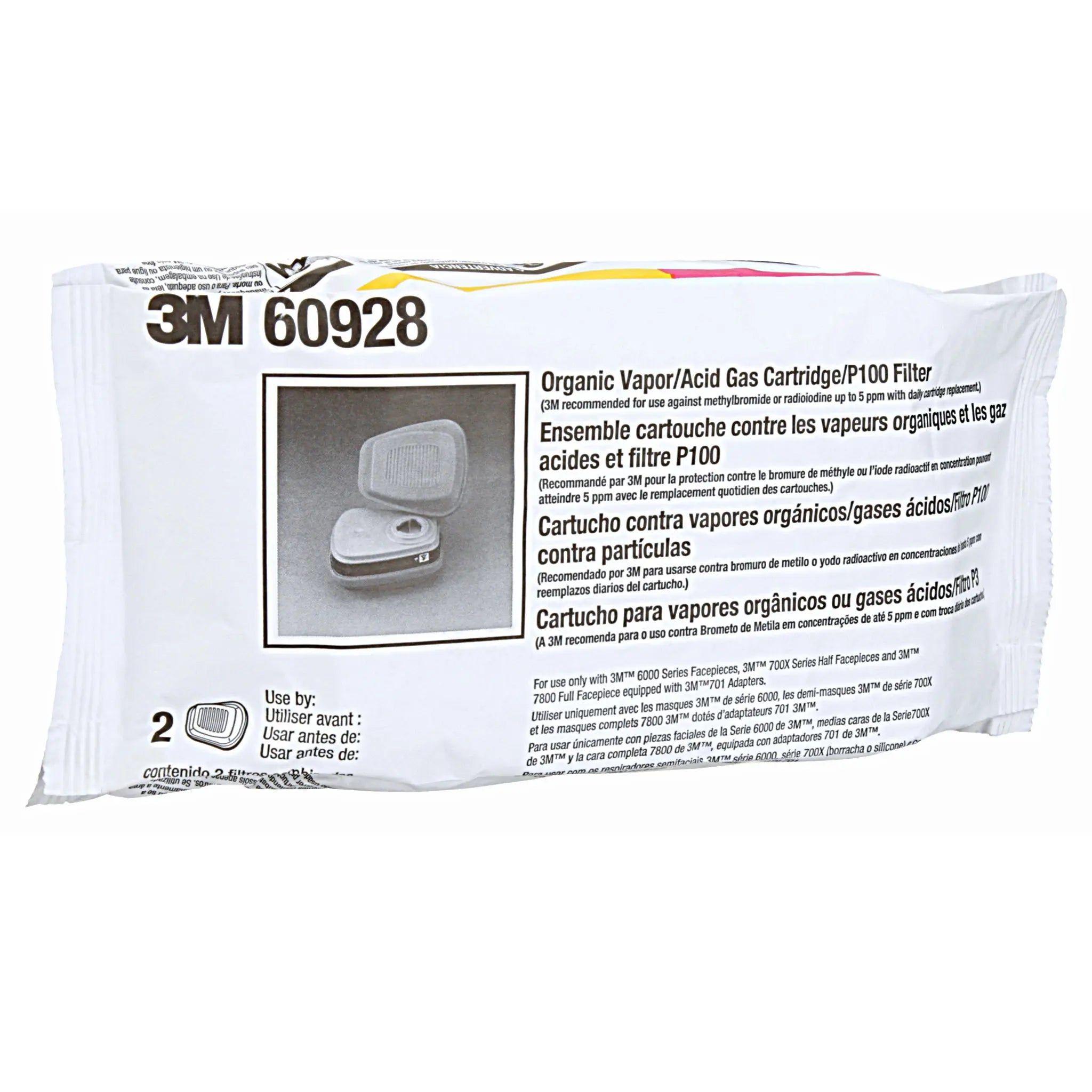 3M 60928 Organic Vapor/Acid Gas Cartridge/Filter, P100, Pack, Front Image