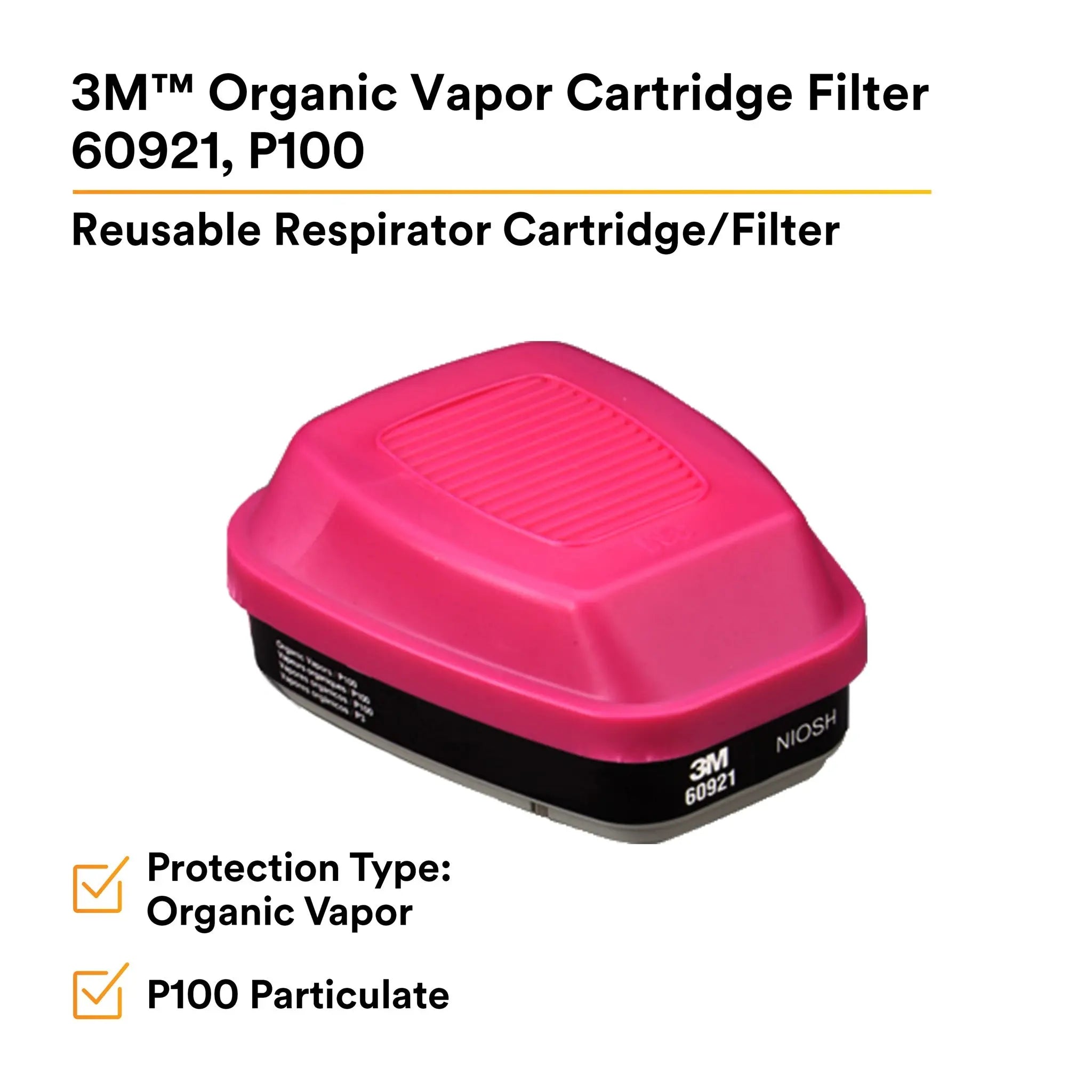 3M 60921 P100 Organic Vapor Cartridge/Filter, Magenta/Black, Performance