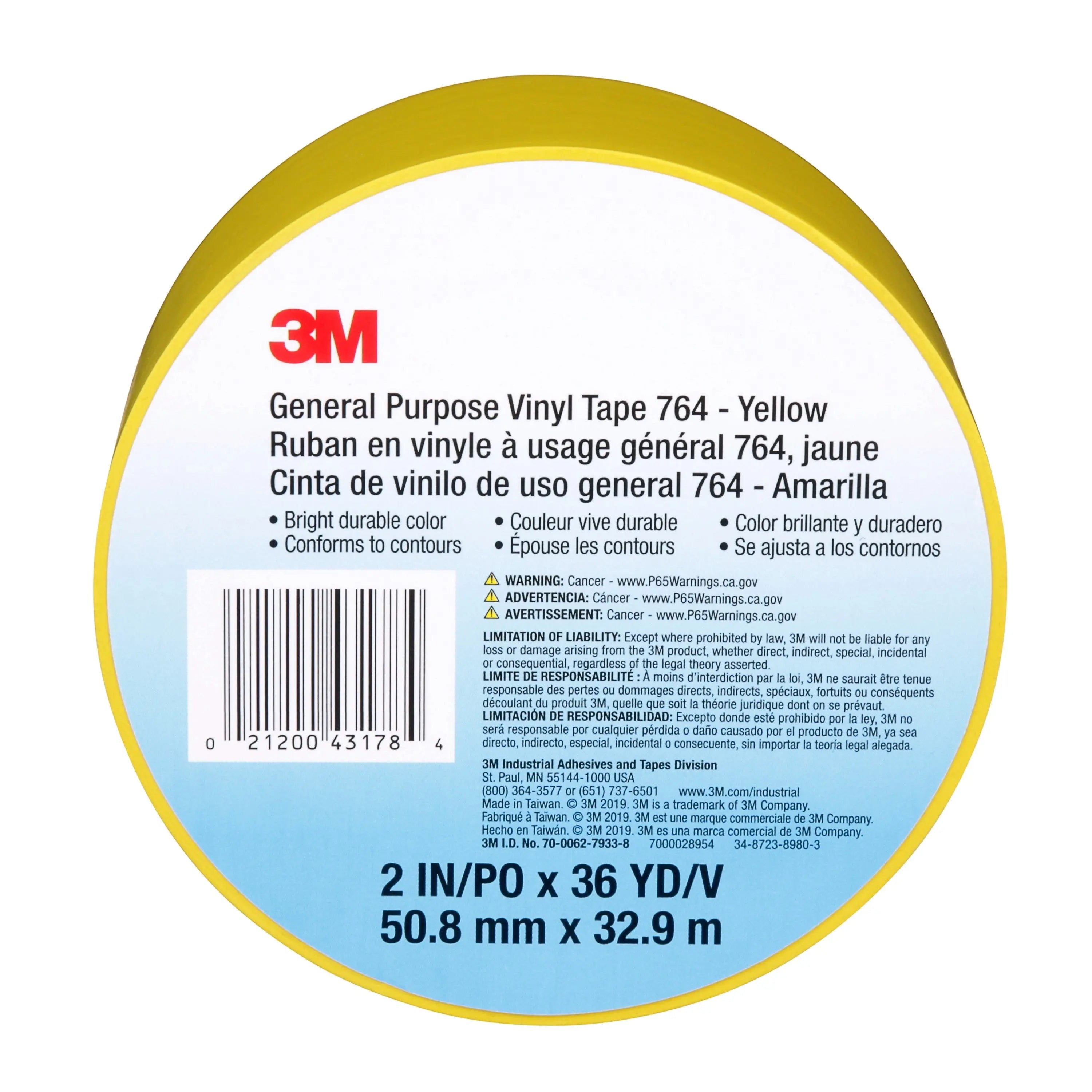 3M General Purpose Vinyl Tape 764, 5 mil, Yellow, 2 in x 36 yd, 1 Roll 