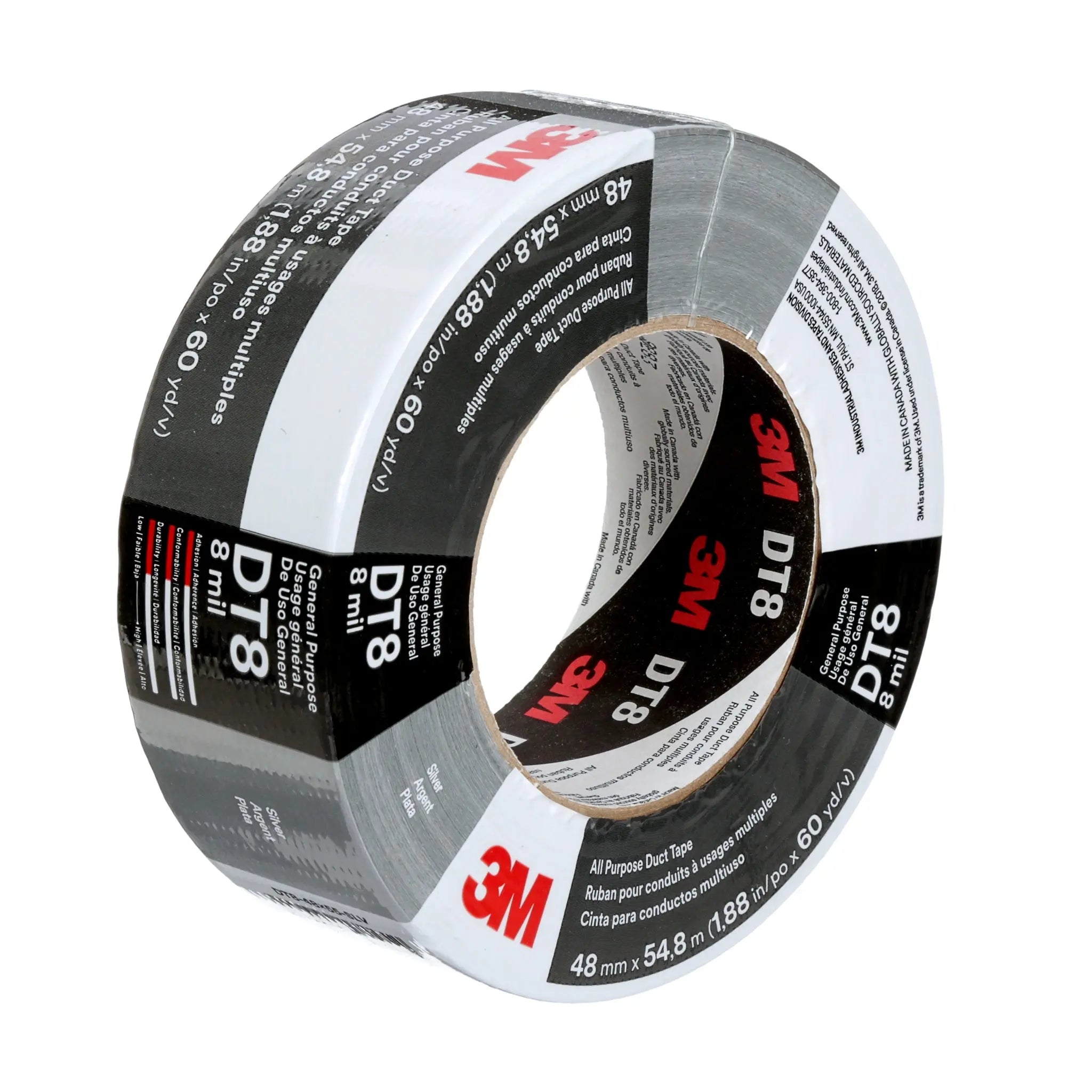 3M All Purpose Duct Tape DT8 Silver 48 mm x 54.8 m 8 mil, 1 Roll 